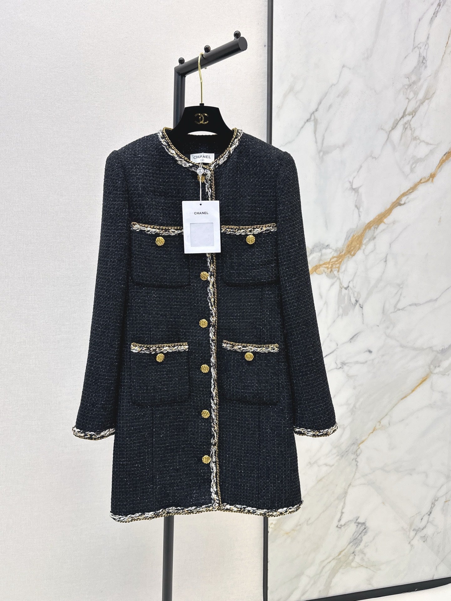 25K black gold tweed embellished long coat