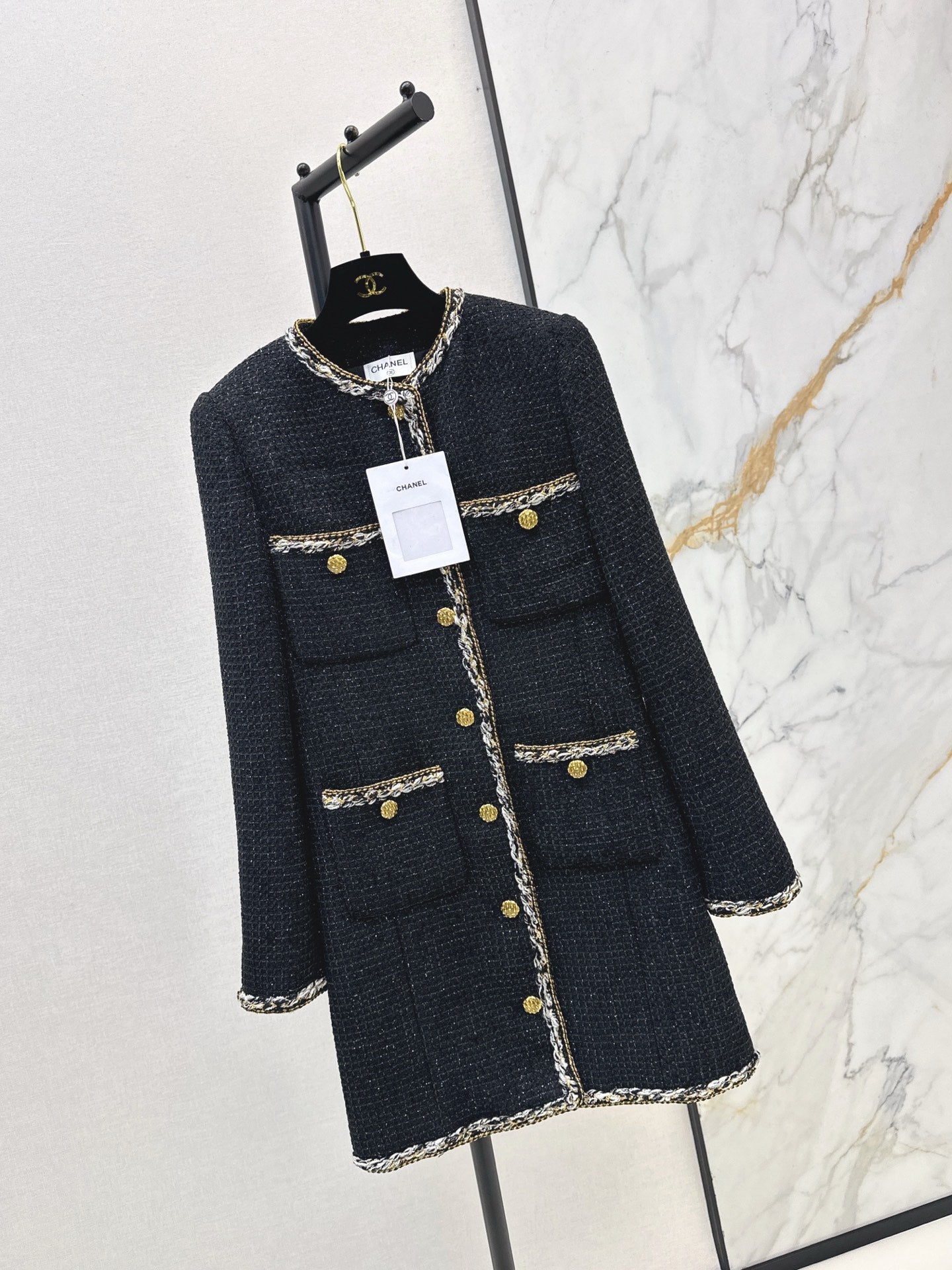 25K black gold tweed embellished long coat