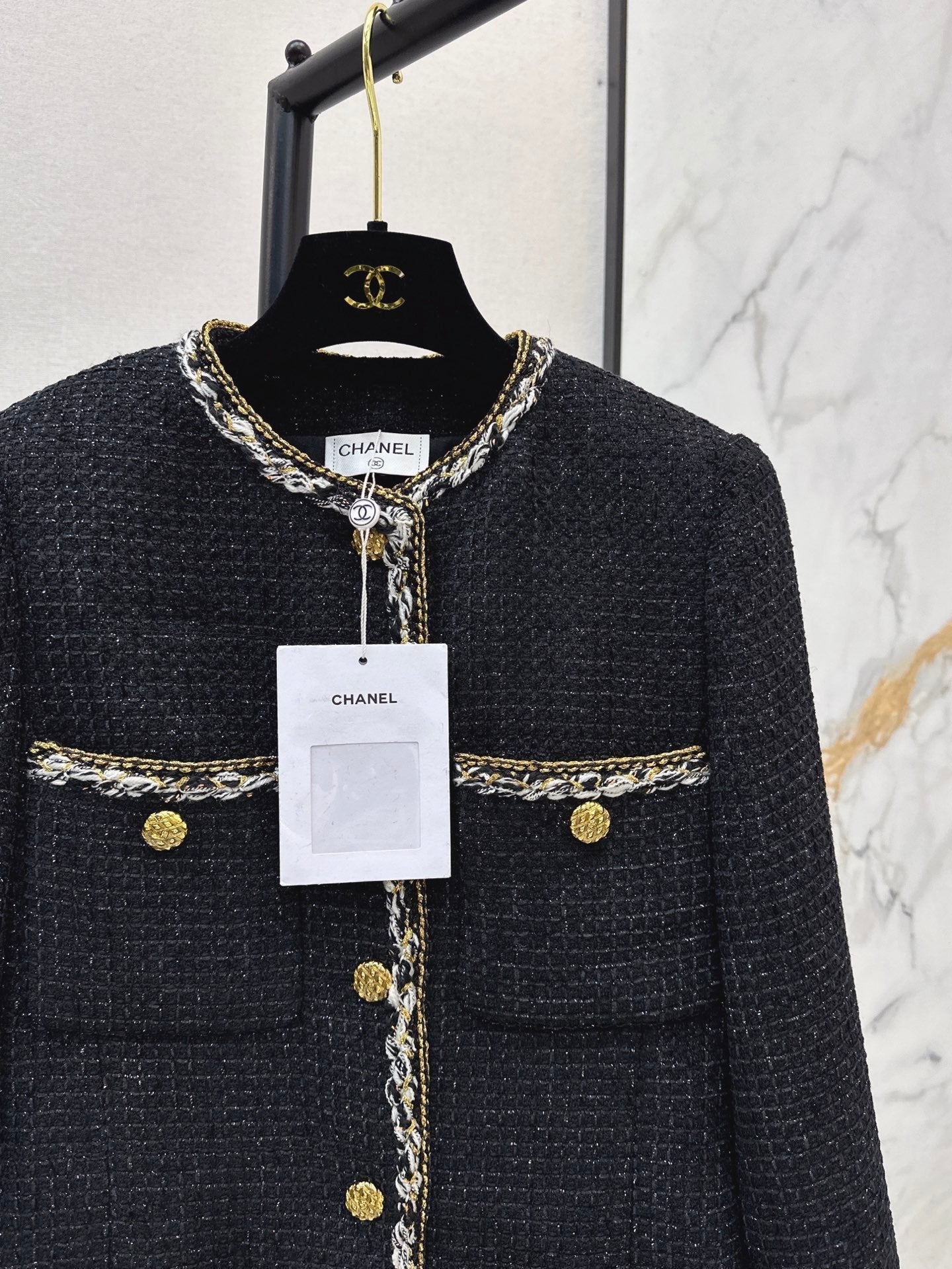 25K black gold tweed embellished long coat