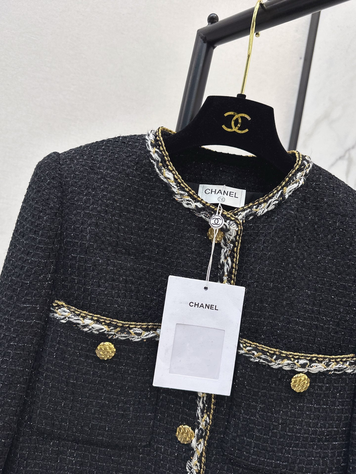 25K black gold tweed embellished long coat