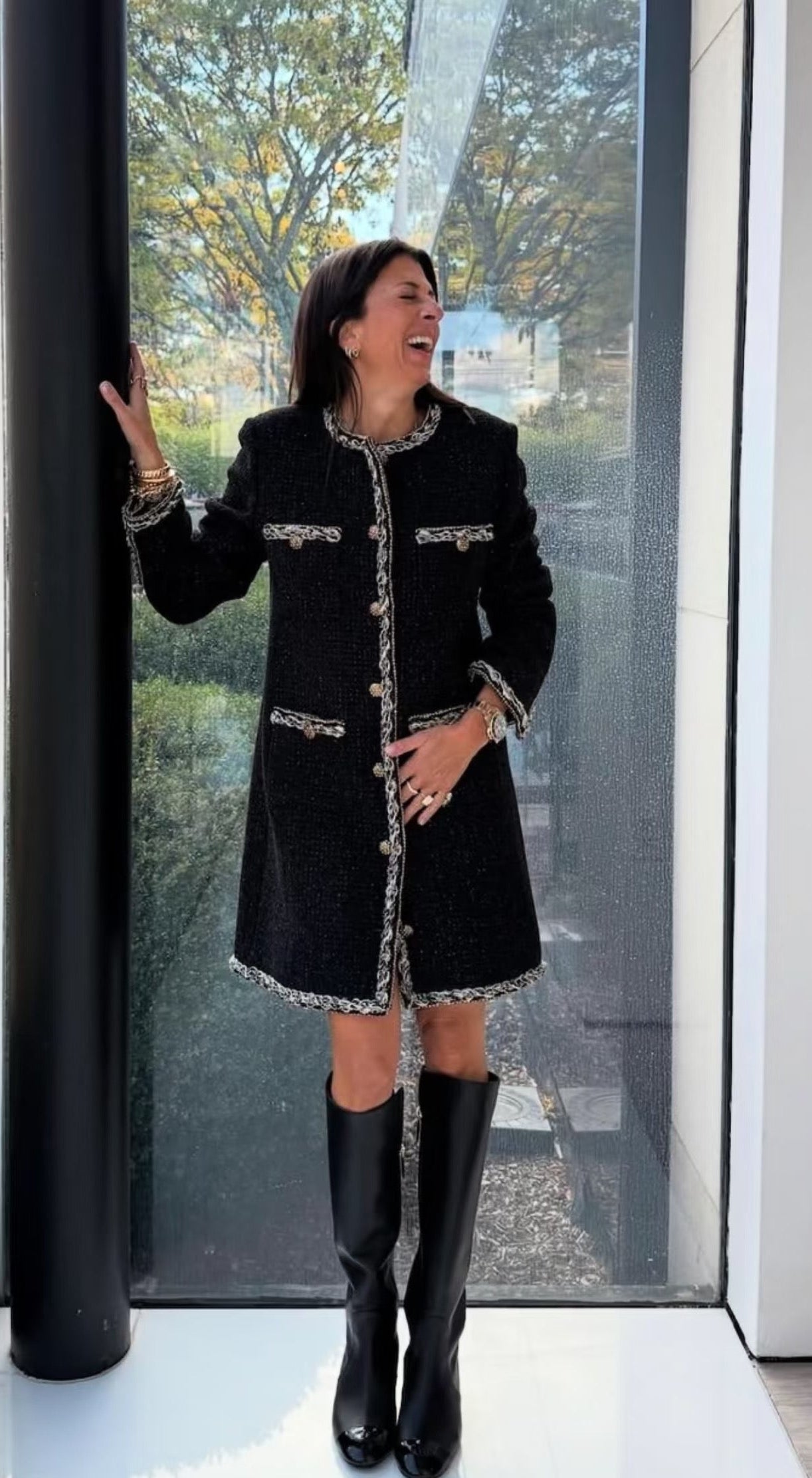 25K black gold tweed embellished long coat