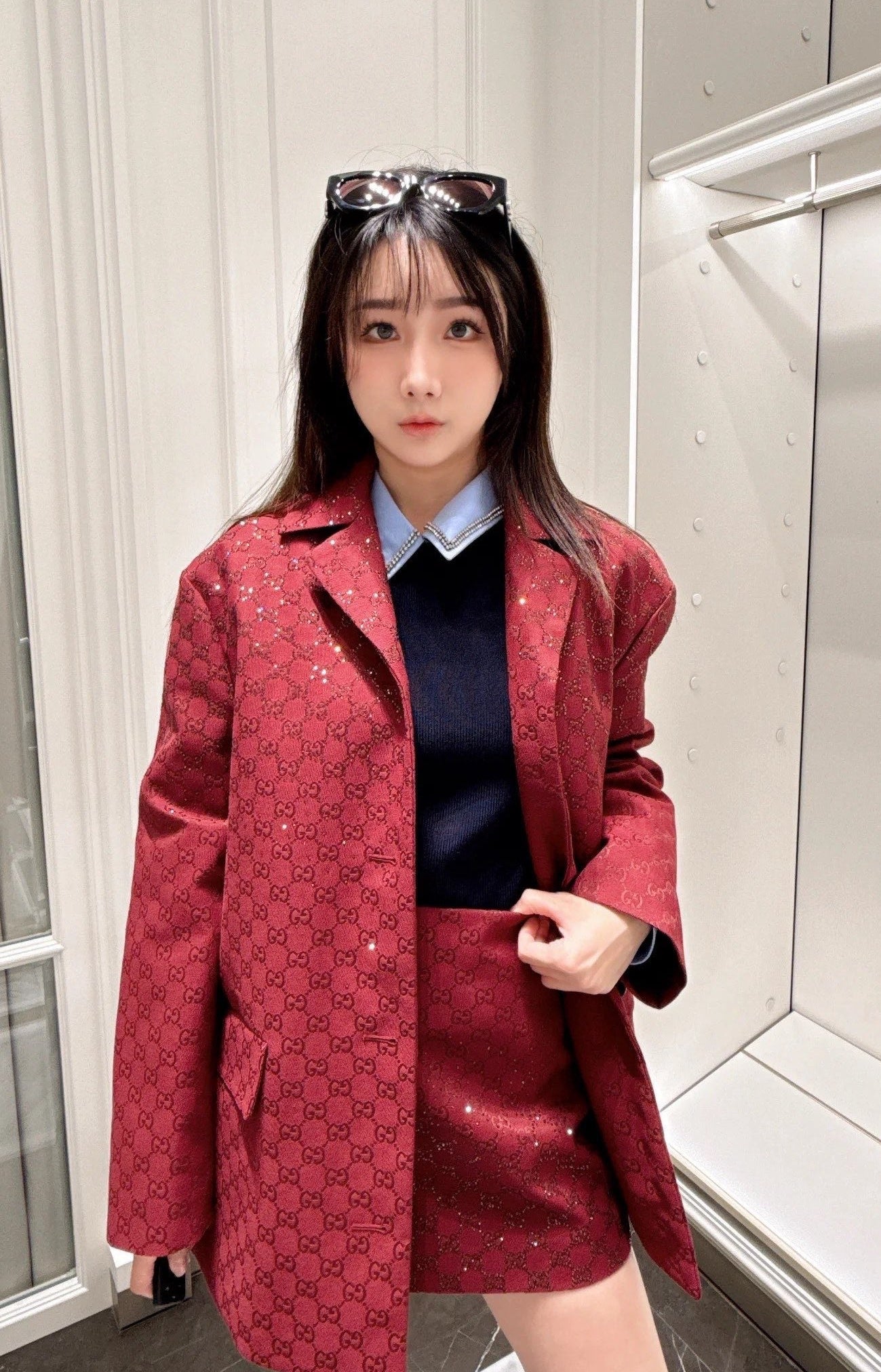 🎄Xmas🎄25FW sparkling autumn and winter series Christmas red luxury crystal diamond letter jacquard miniskirt