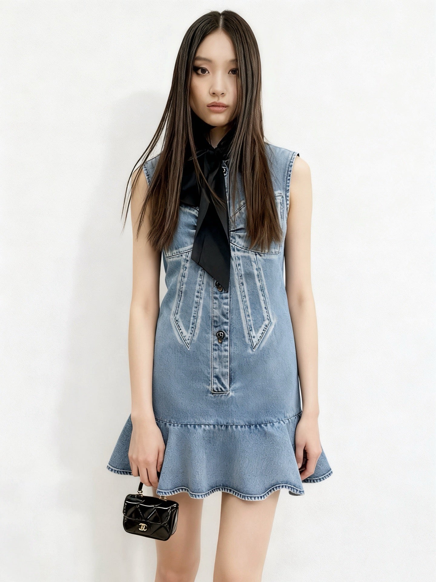 26SS latest super hot bow series denim vest dress