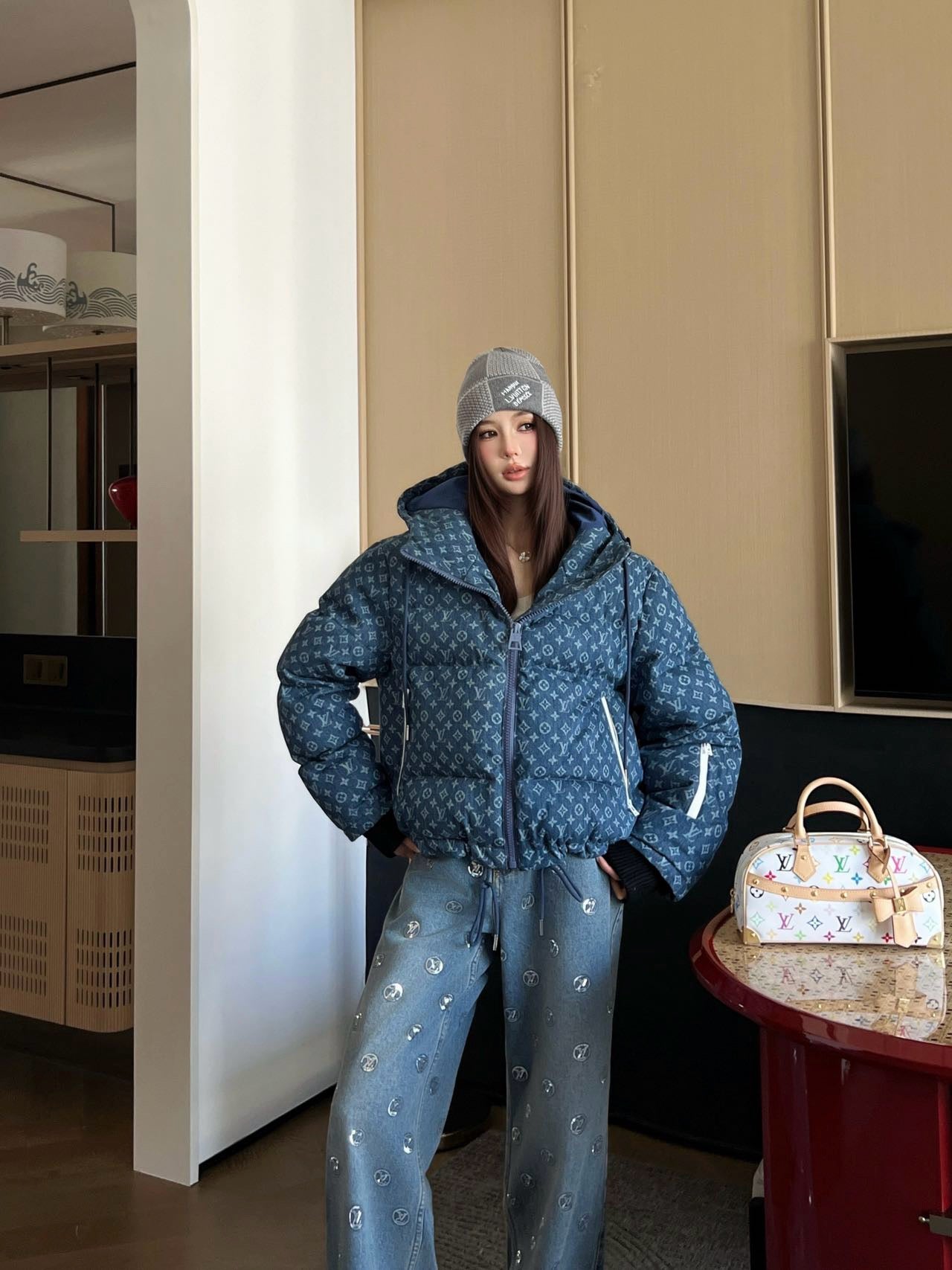 25FW latest ski series denim presbyopic hooded down jacket