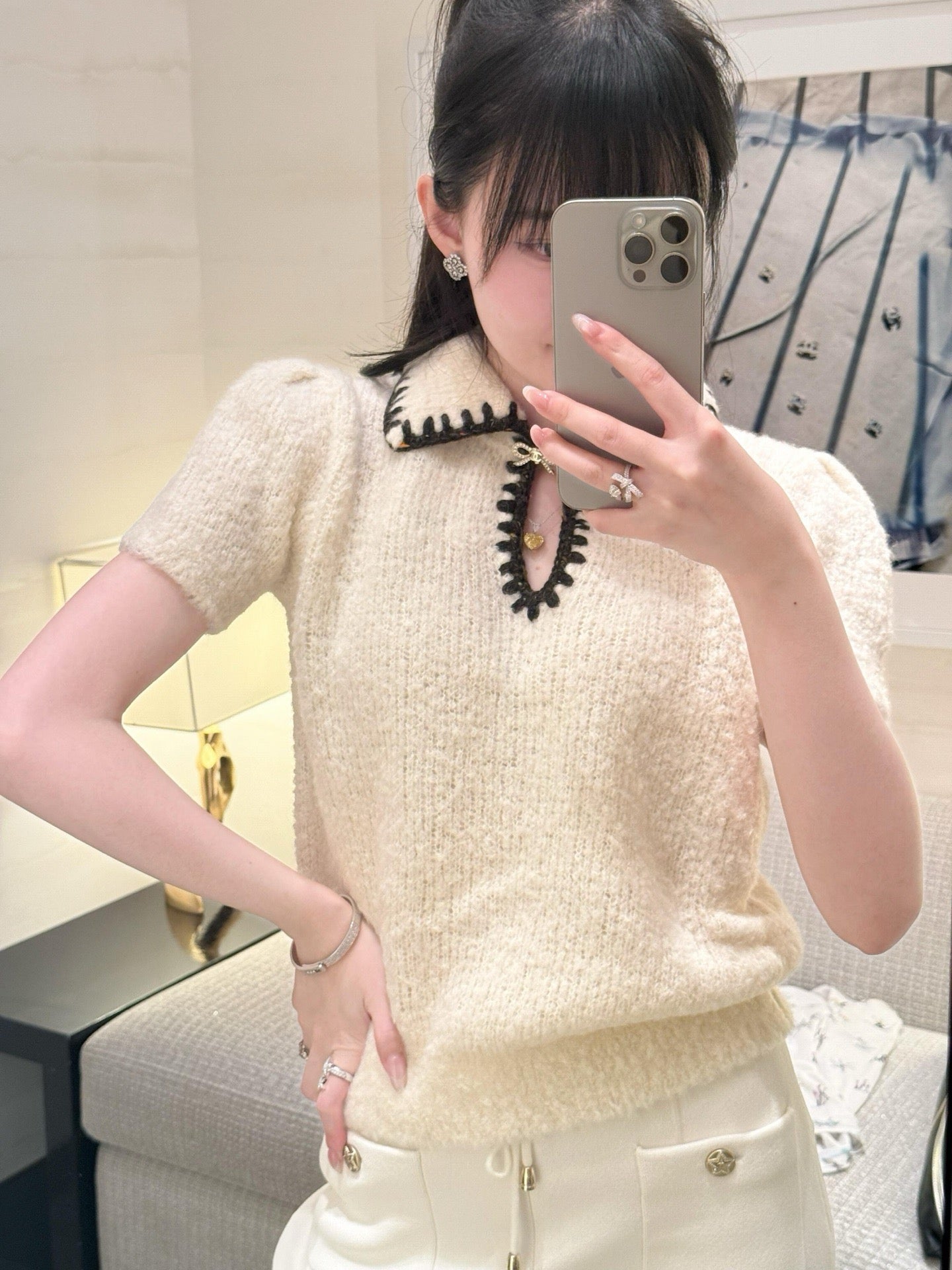 26SS early spring latest ski series bow cashmere short-sleeved sweater