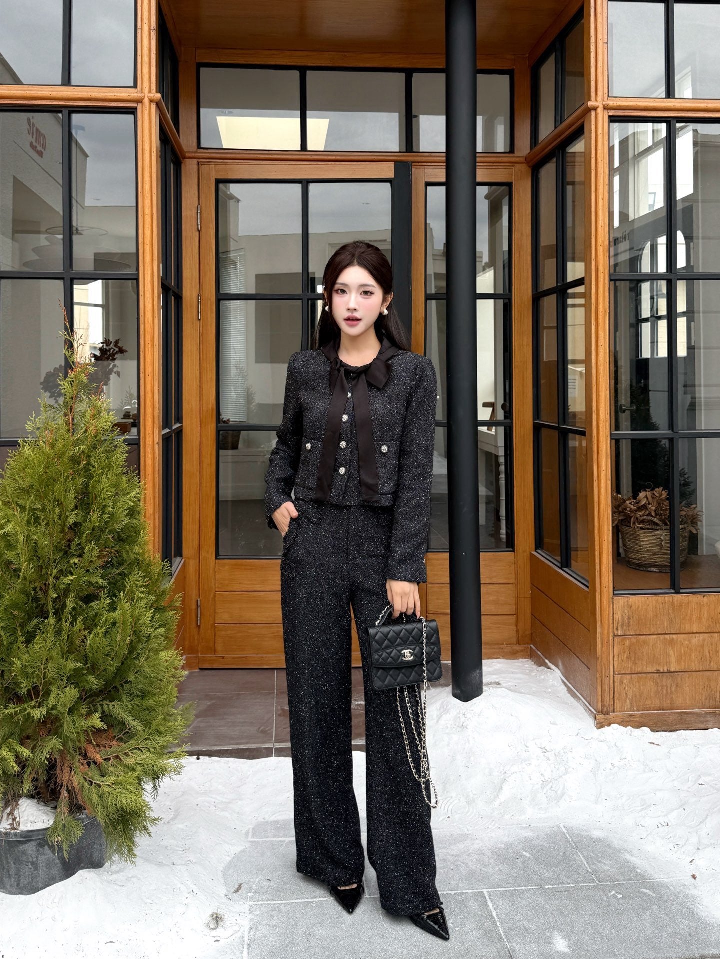 25FW latest style houndstooth slub tweed coat