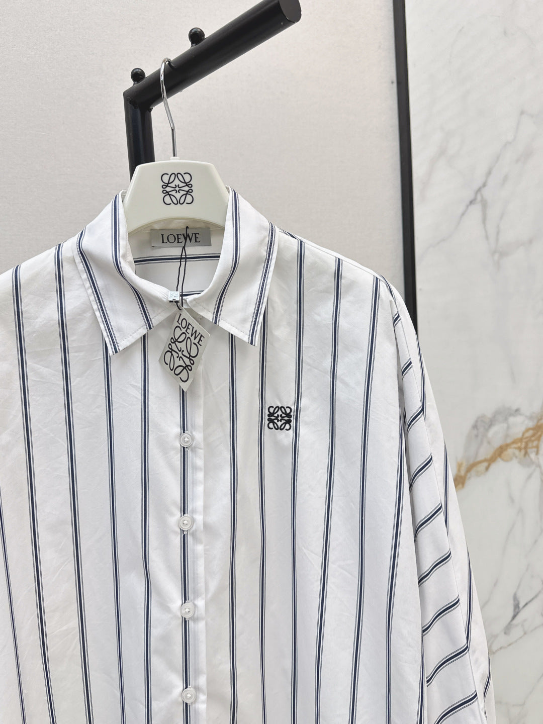 25FW new blue striped logo embroidered bat sleeve shirt