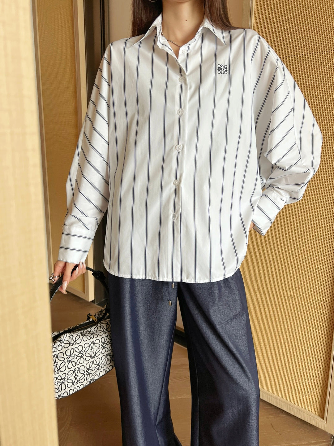 25FW new blue striped logo embroidered bat sleeve shirt