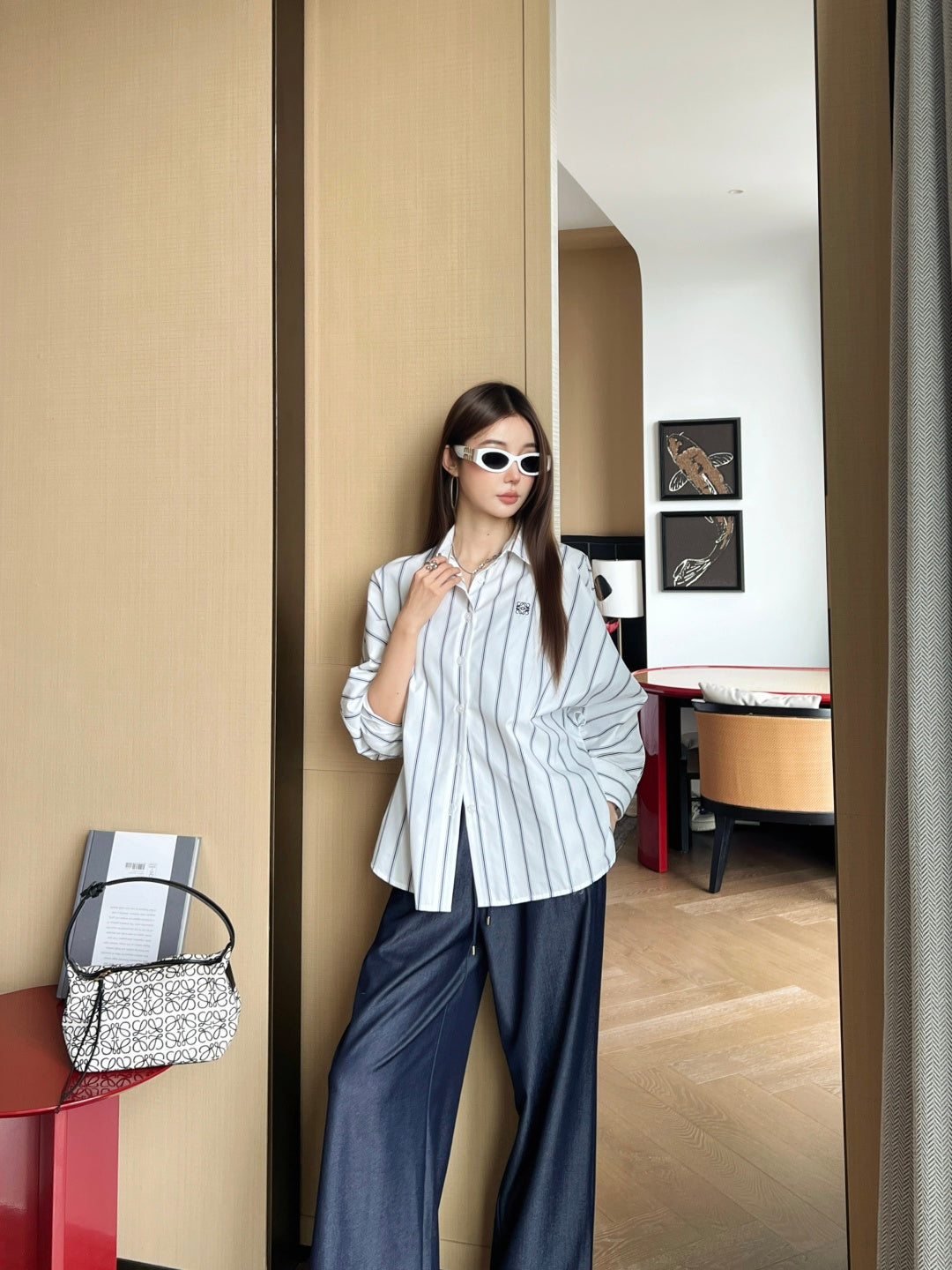 25FW new blue striped logo embroidered bat sleeve shirt