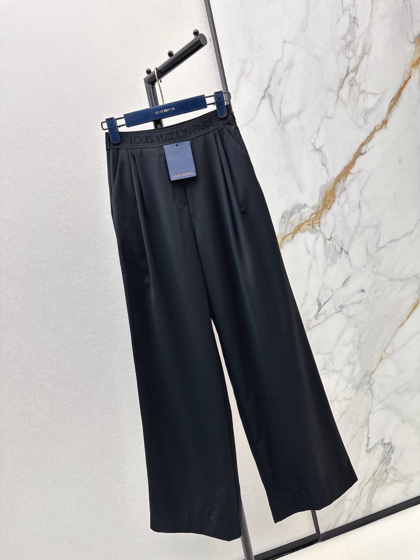 25FW new black wide-leg pants with logo webbing decoration