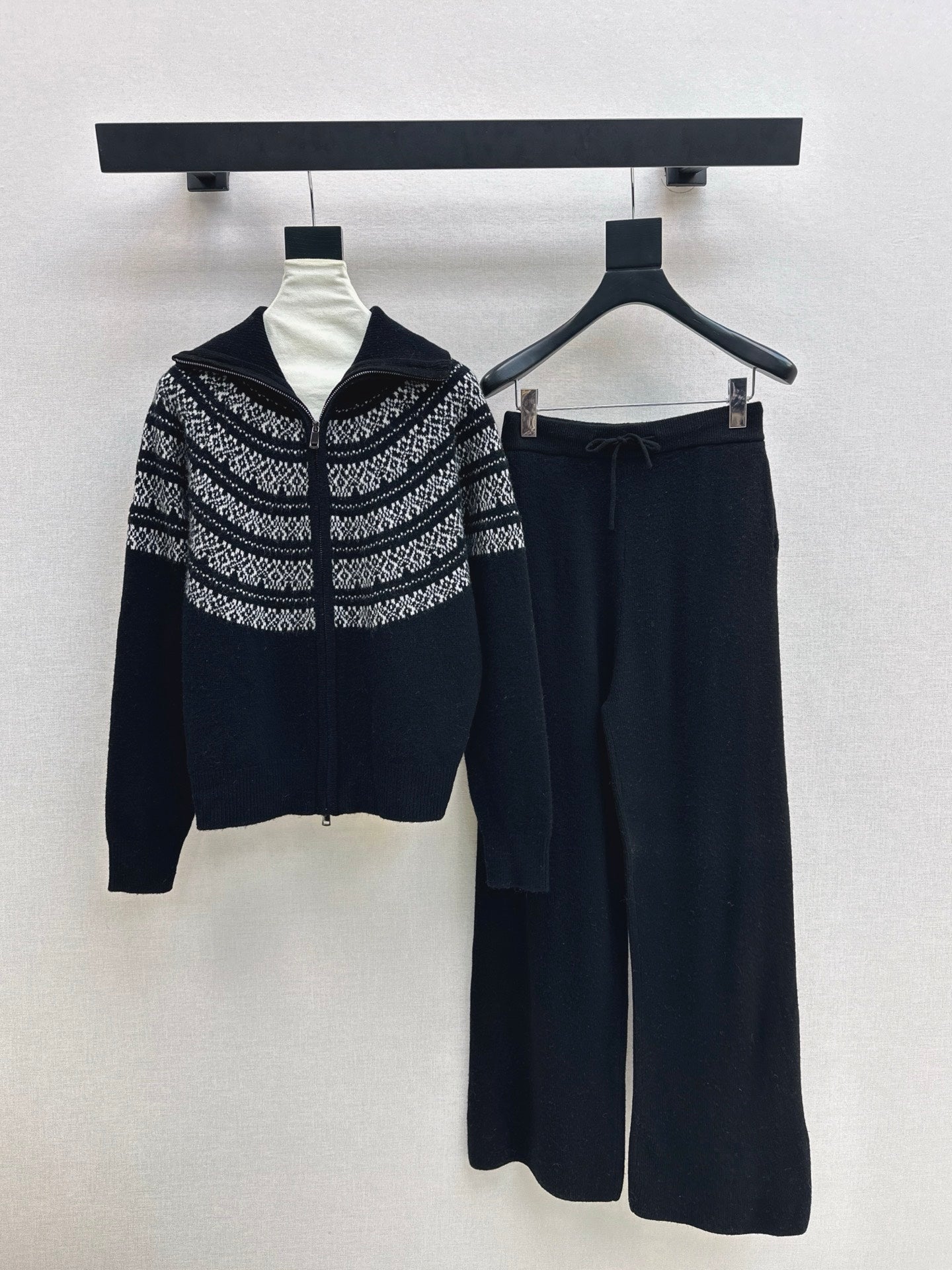 26SS  knit fair isle zipper cardigan+pants outfit set