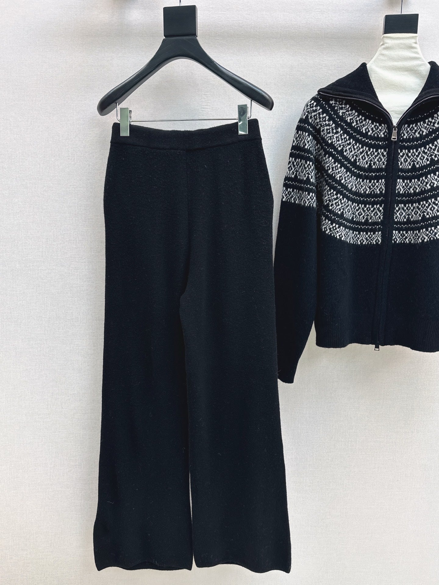 26SS  knit fair isle zipper cardigan+pants outfit set