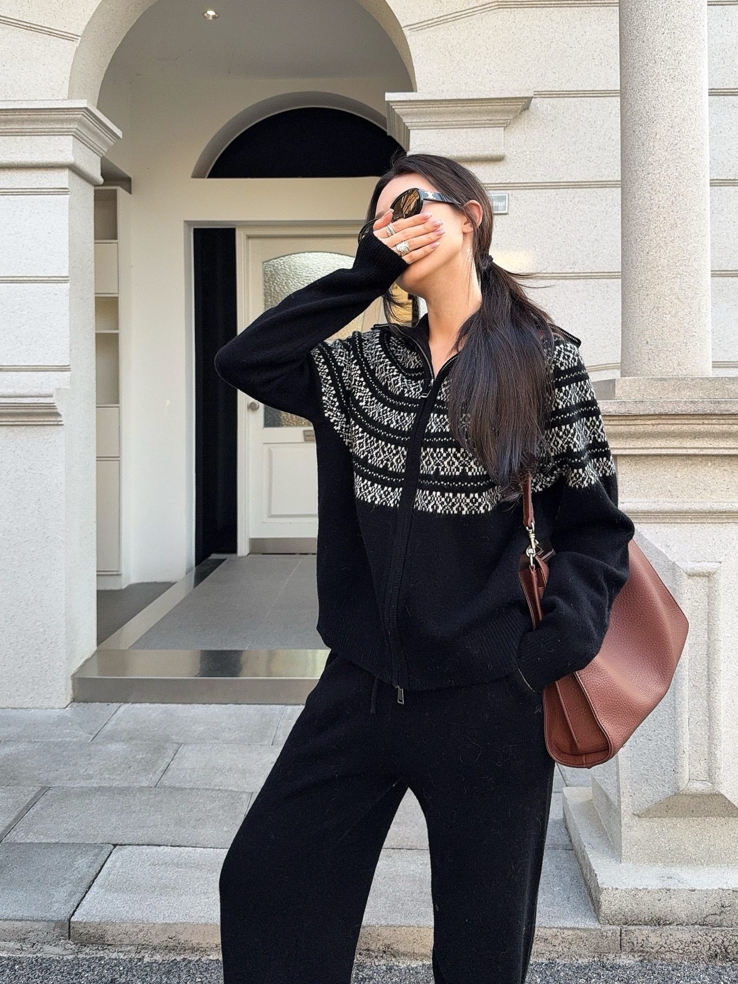 26SS  knit fair isle zipper cardigan+pants outfit set