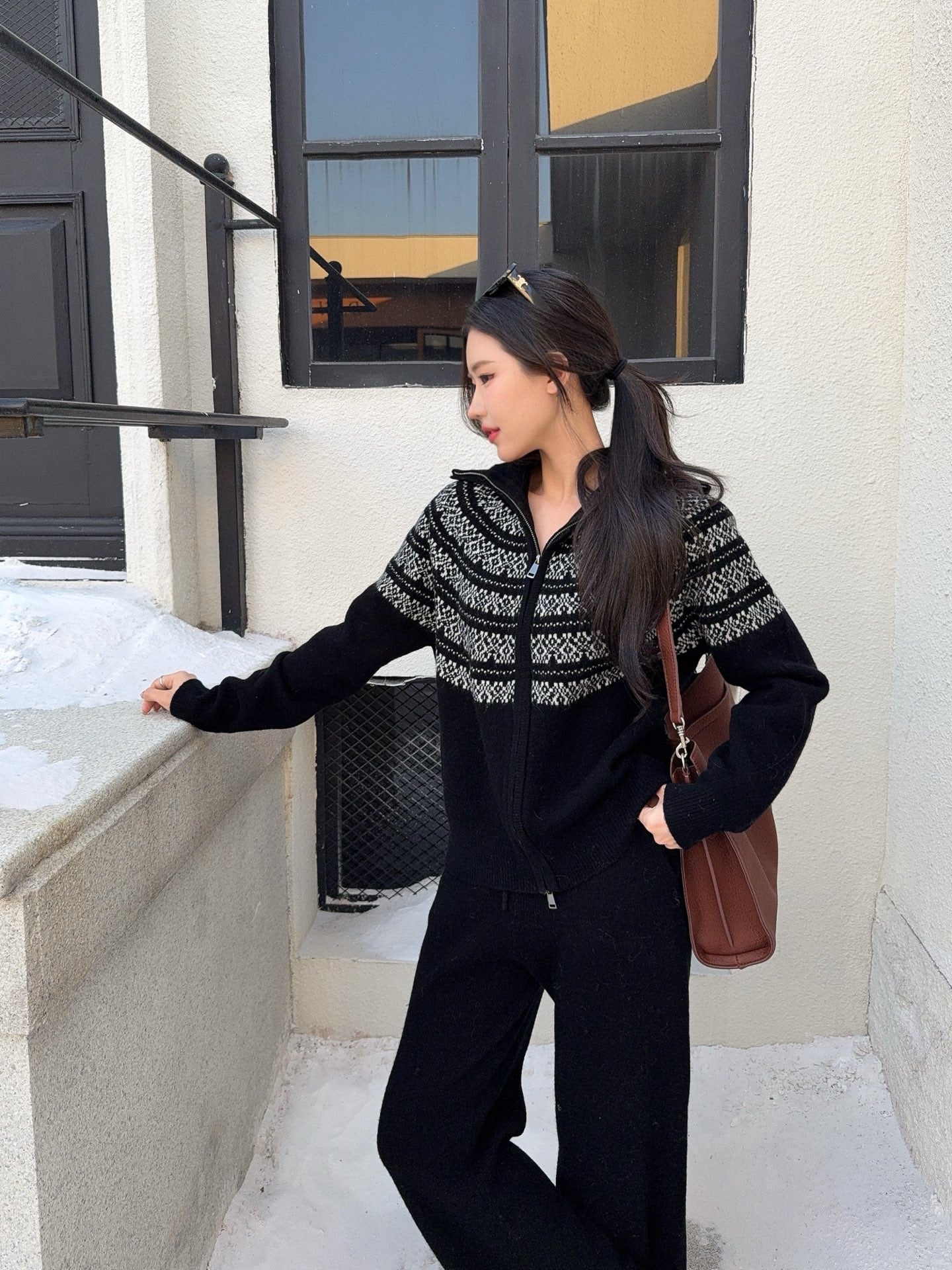 26SS  knit fair isle zipper cardigan+pants outfit set