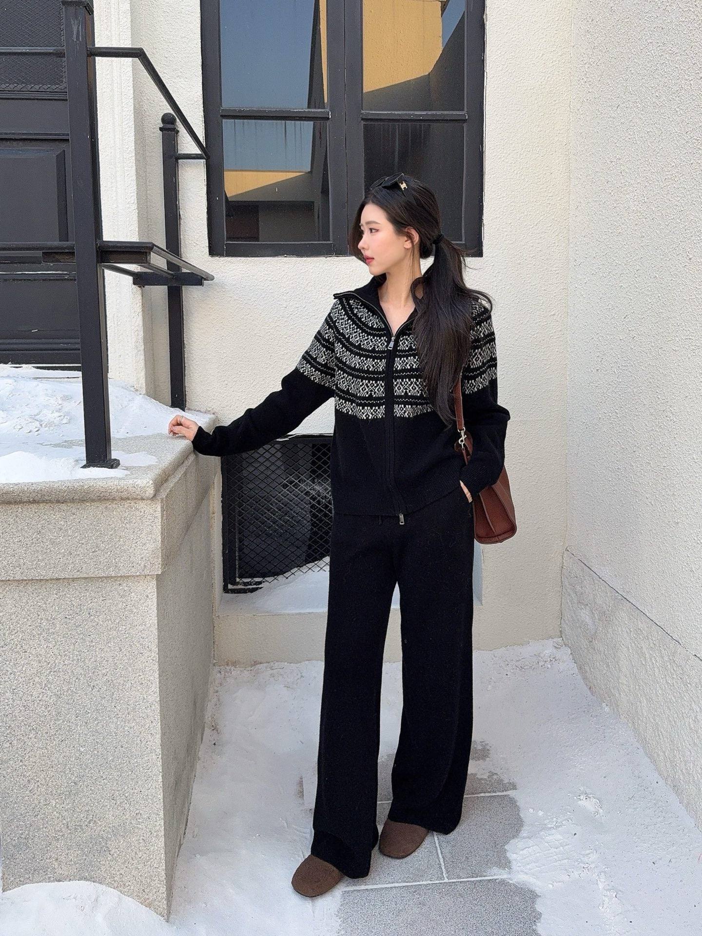 26SS  knit fair isle zipper cardigan+pants outfit set