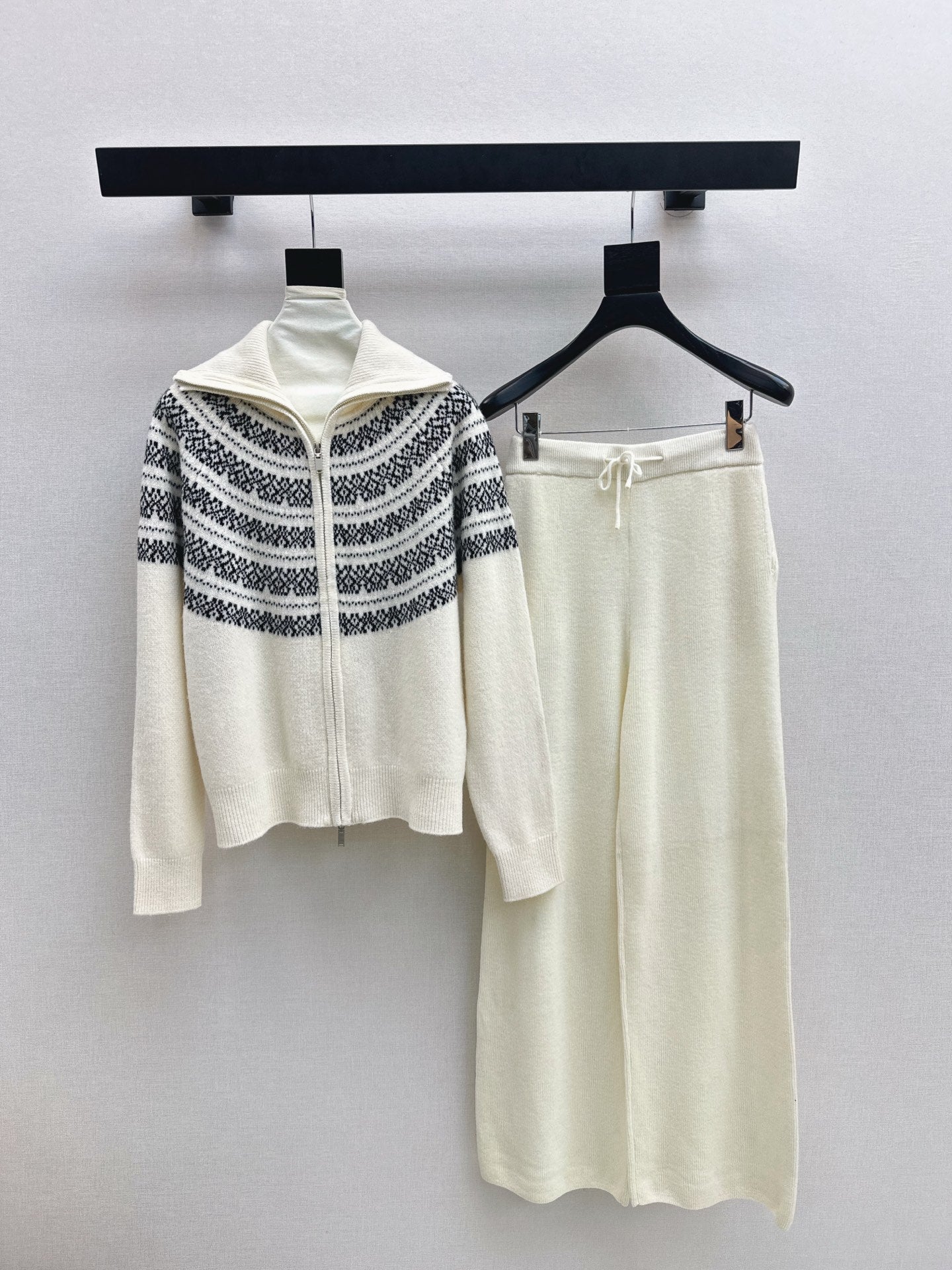 26SS  knit fair isle zipper cardigan+pants outfit set