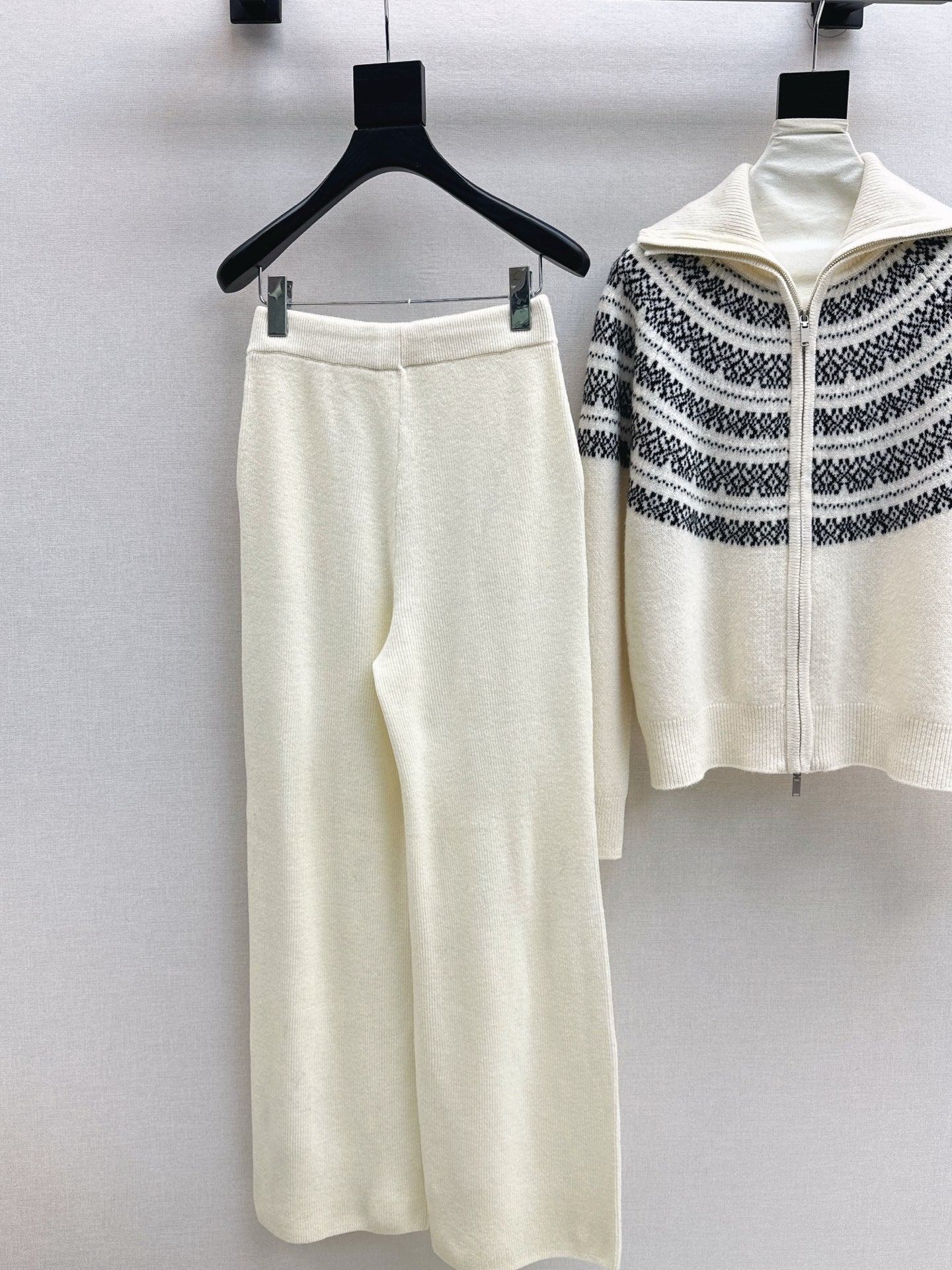 26SS  knit fair isle zipper cardigan+pants outfit set