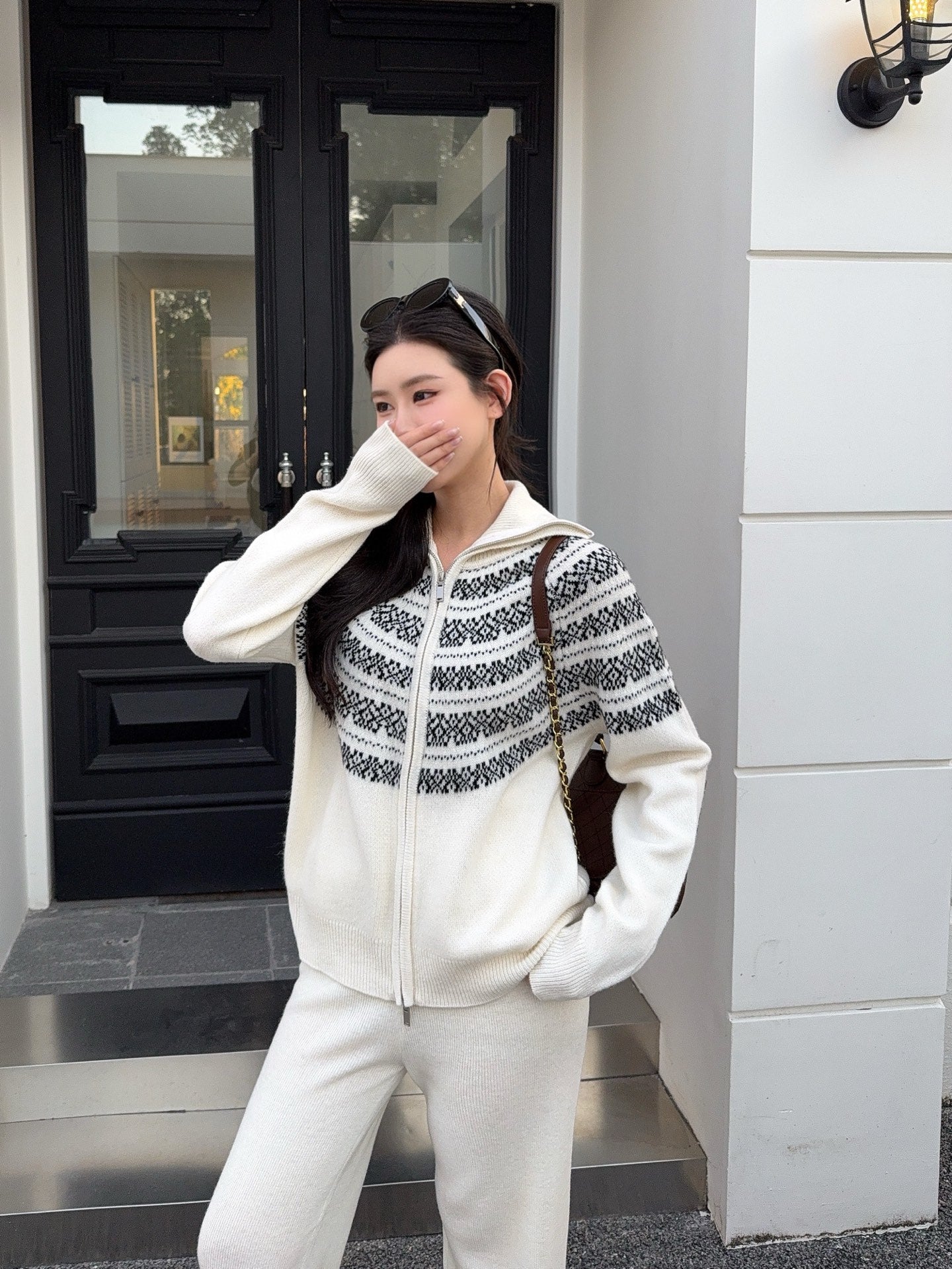 26SS  knit fair isle zipper cardigan+pants outfit set