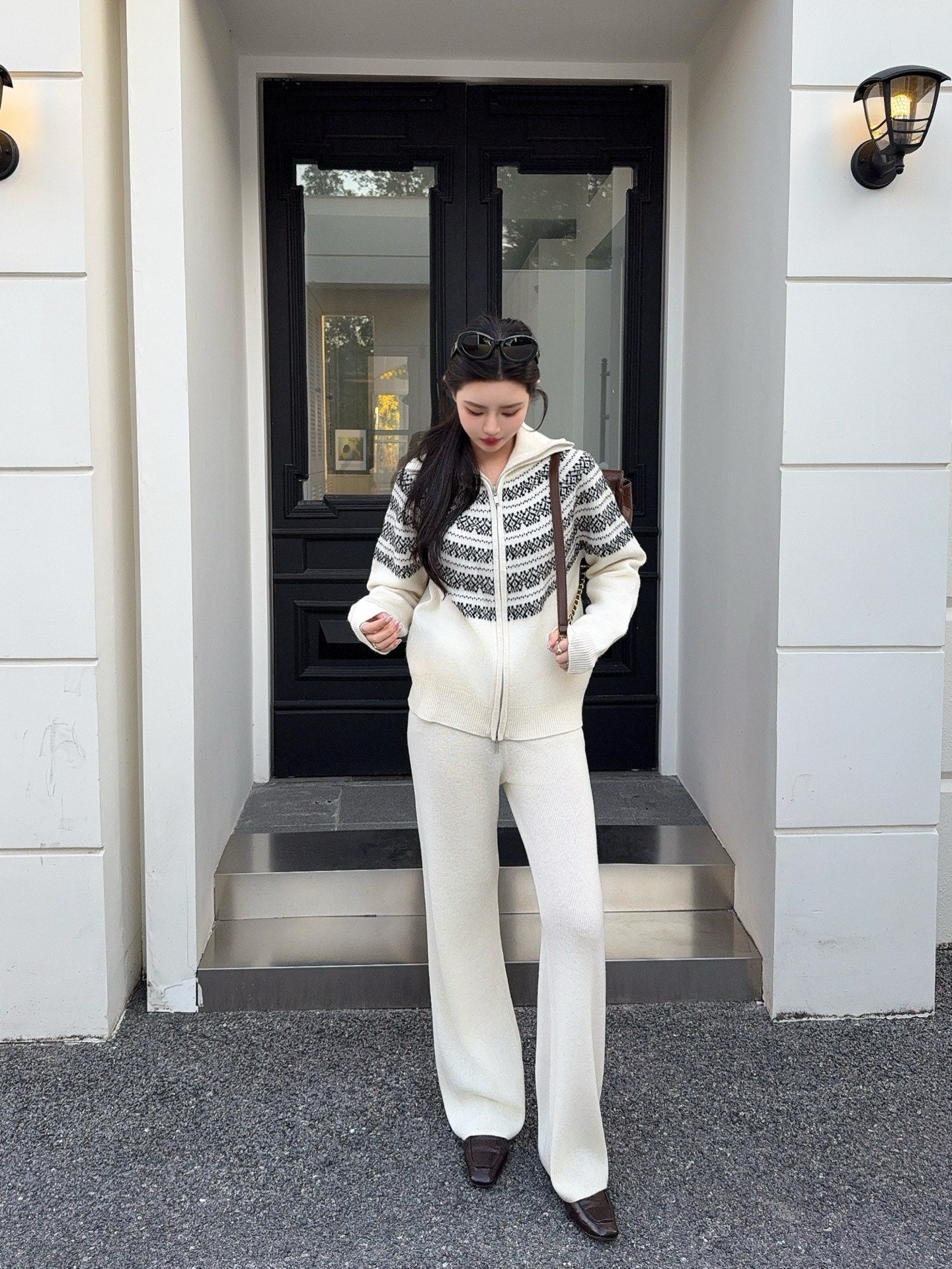 26SS  knit fair isle zipper cardigan+pants outfit set