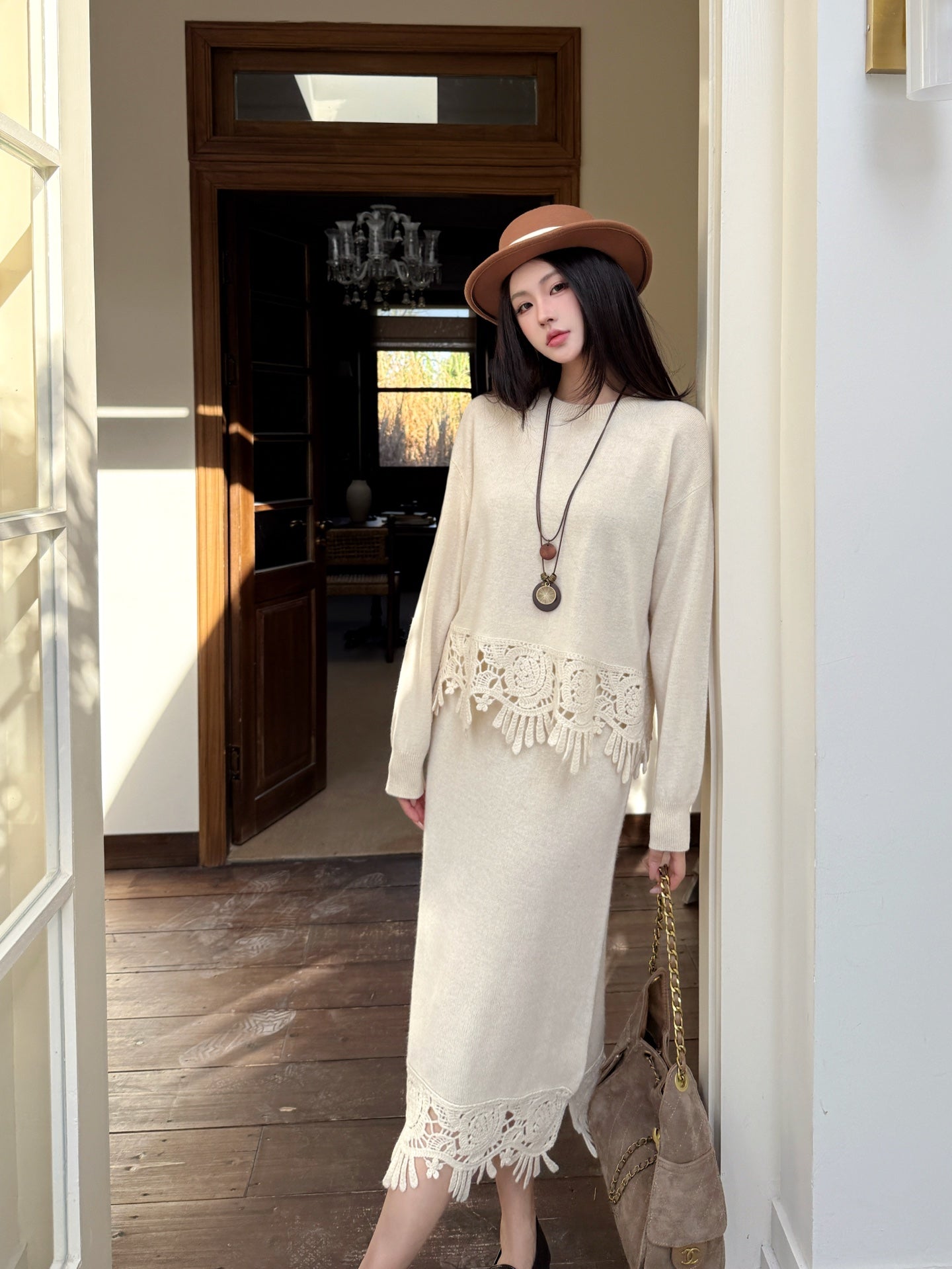 25FW  knit bow sweater+pants outfit sets