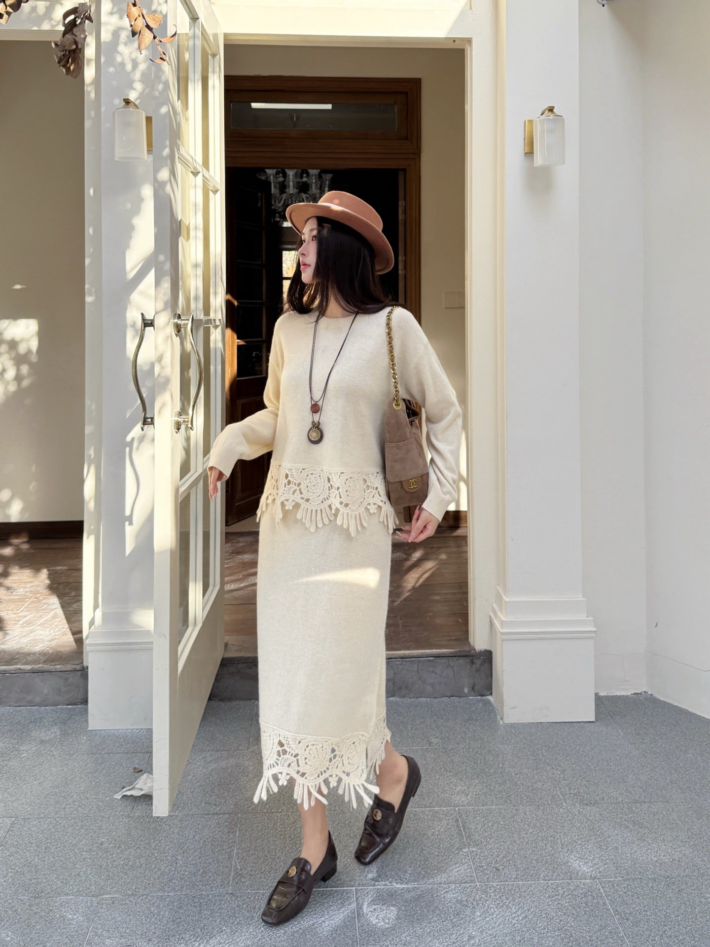 25FW  knit bow sweater+pants outfit sets