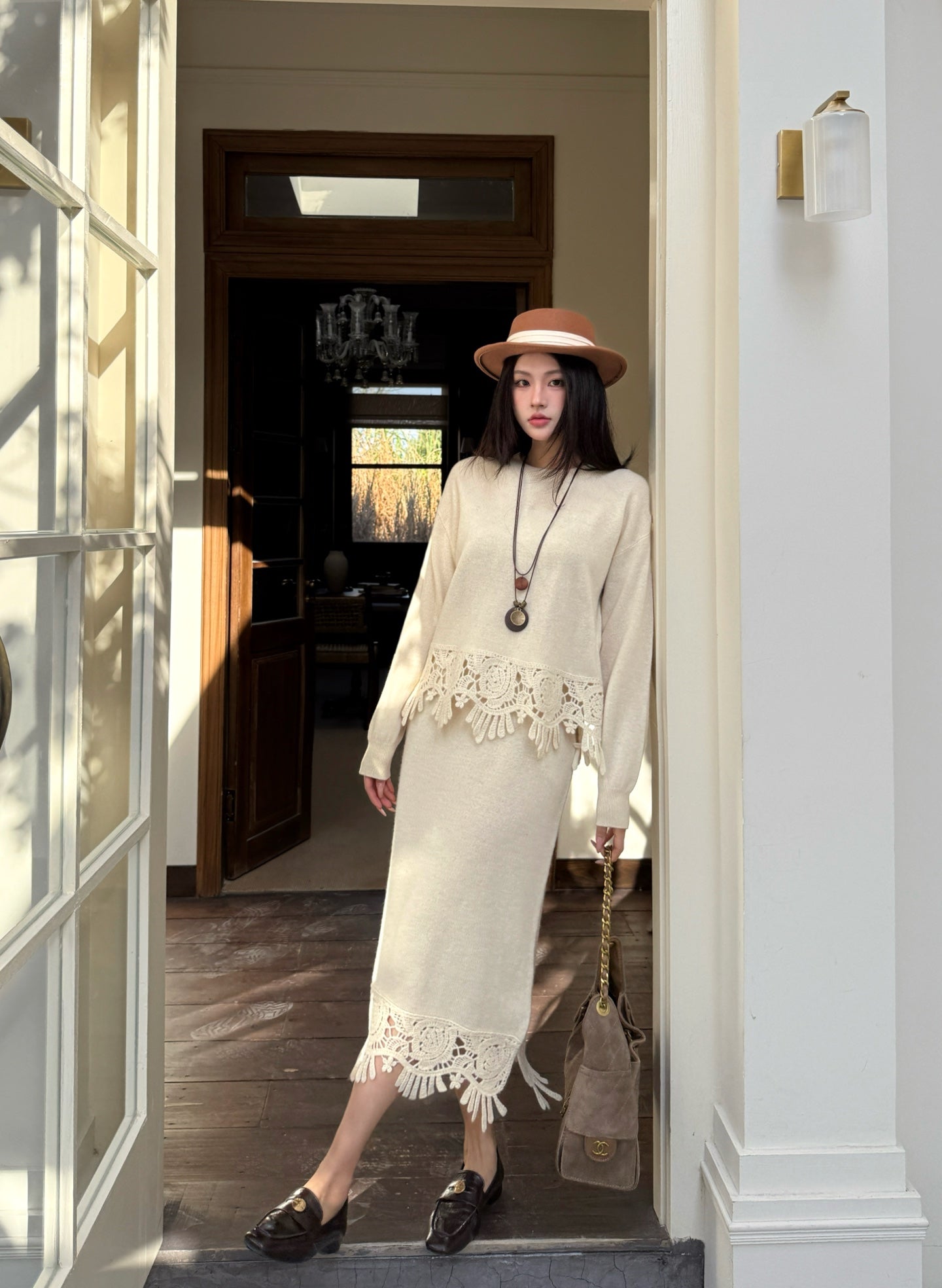 25FW  knit bow sweater+pants outfit sets