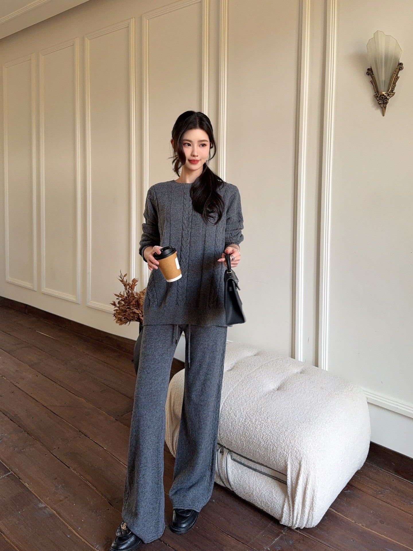 26SS wool pullover sweater+wide-leg pant outfit set