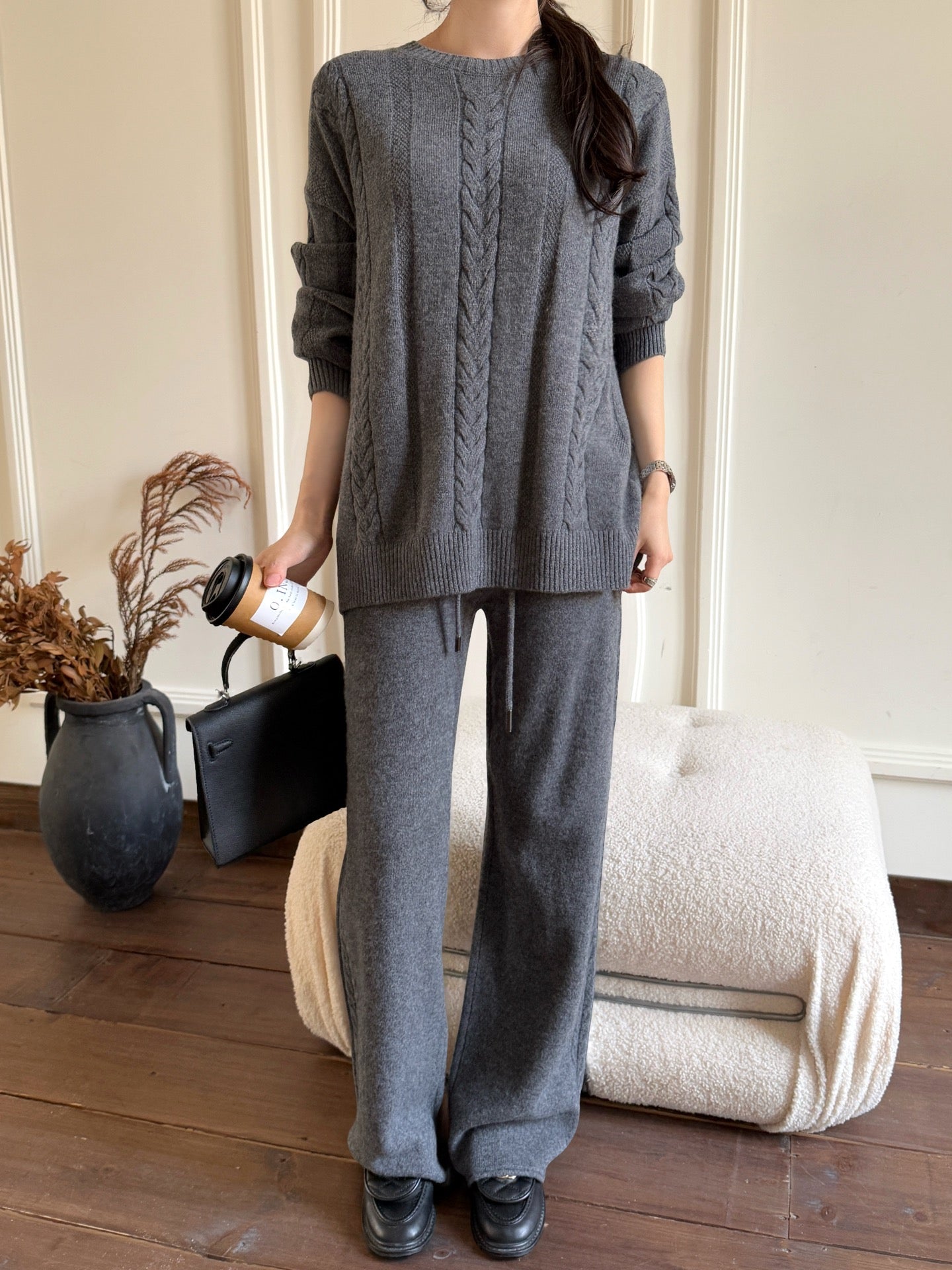 26SS wool pullover sweater+wide-leg pant outfit set