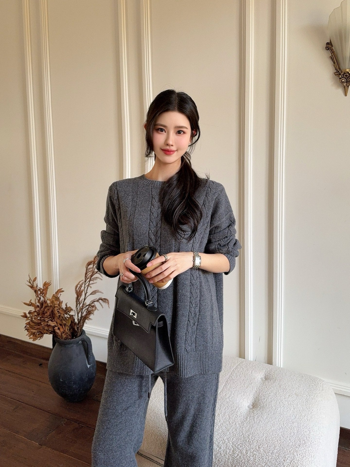 26SS wool pullover sweater+wide-leg pant outfit set