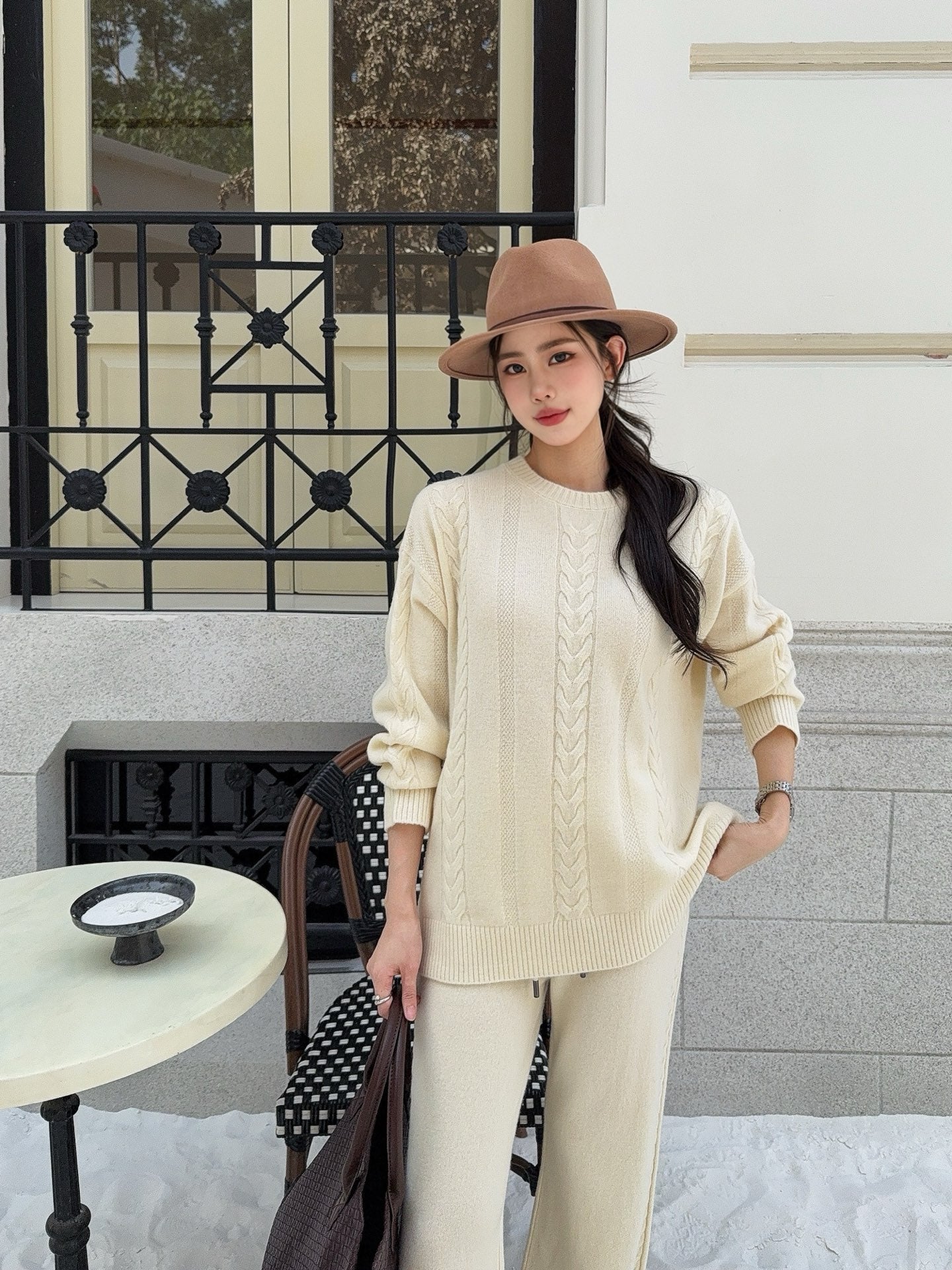 26SS wool pullover sweater+wide-leg pant outfit set