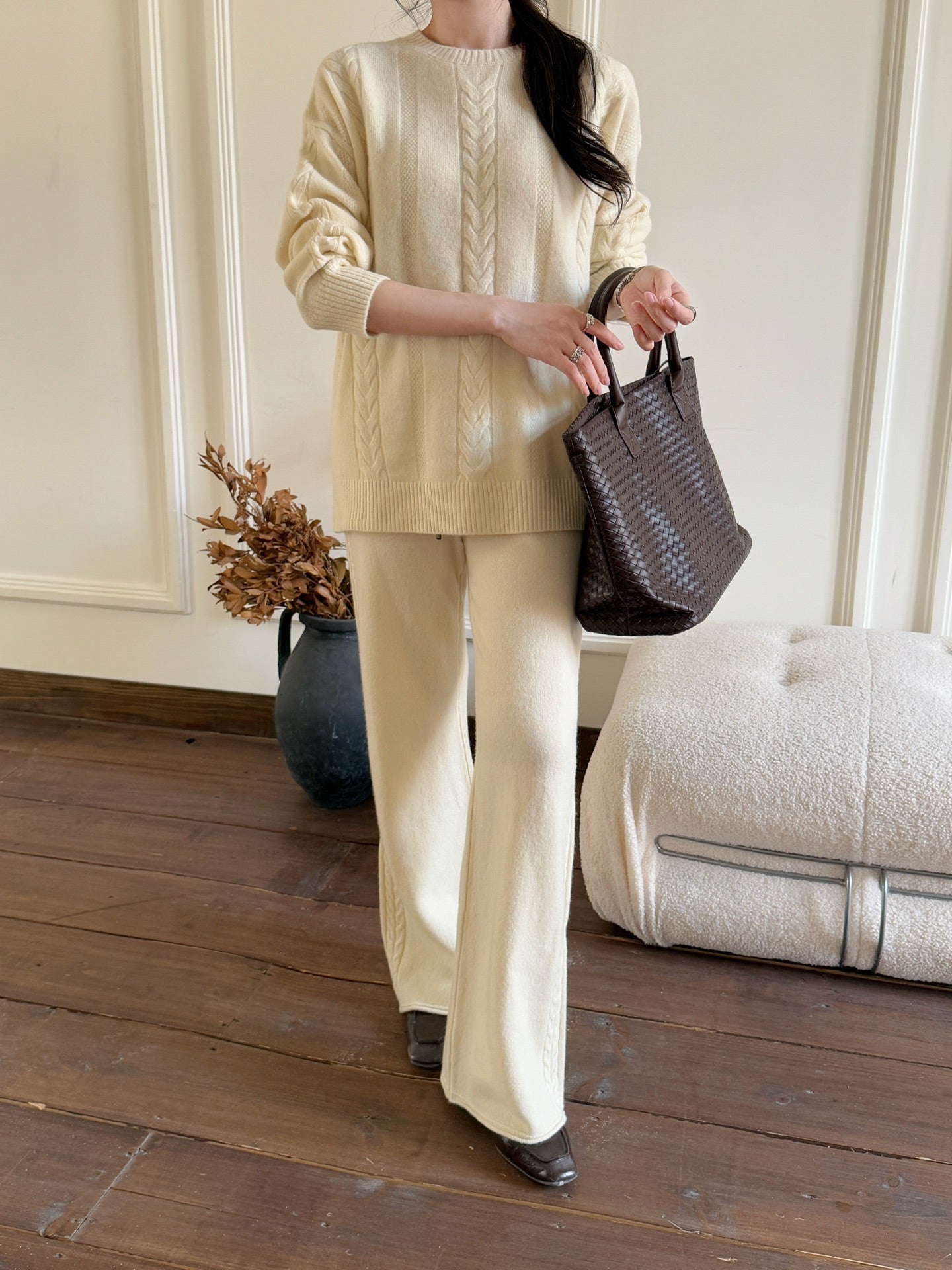 26SS wool pullover sweater+wide-leg pant outfit set