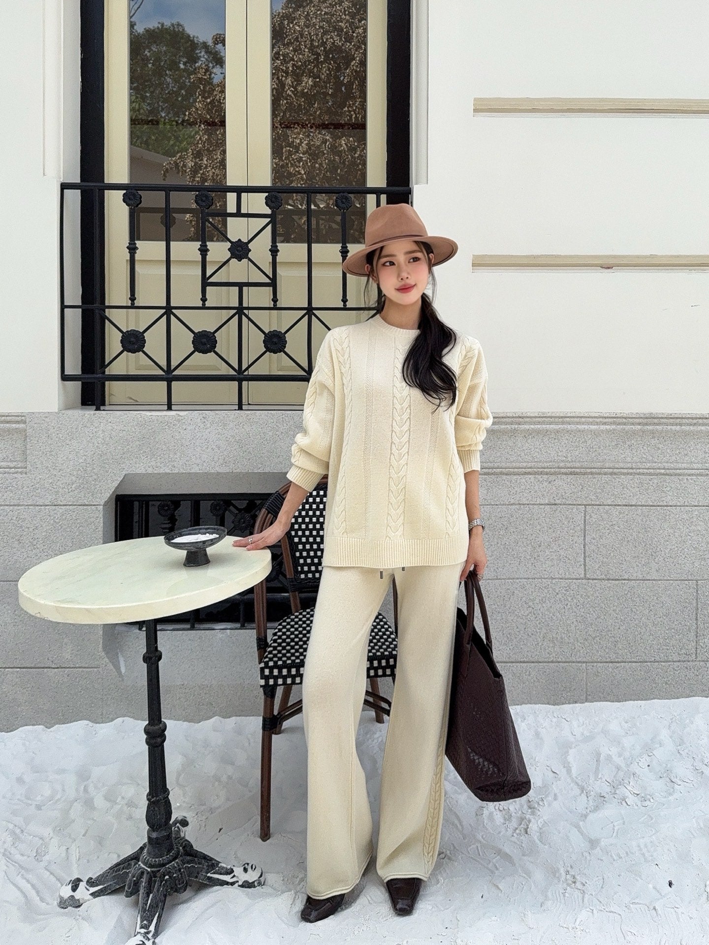 26SS wool pullover sweater+wide-leg pant outfit set