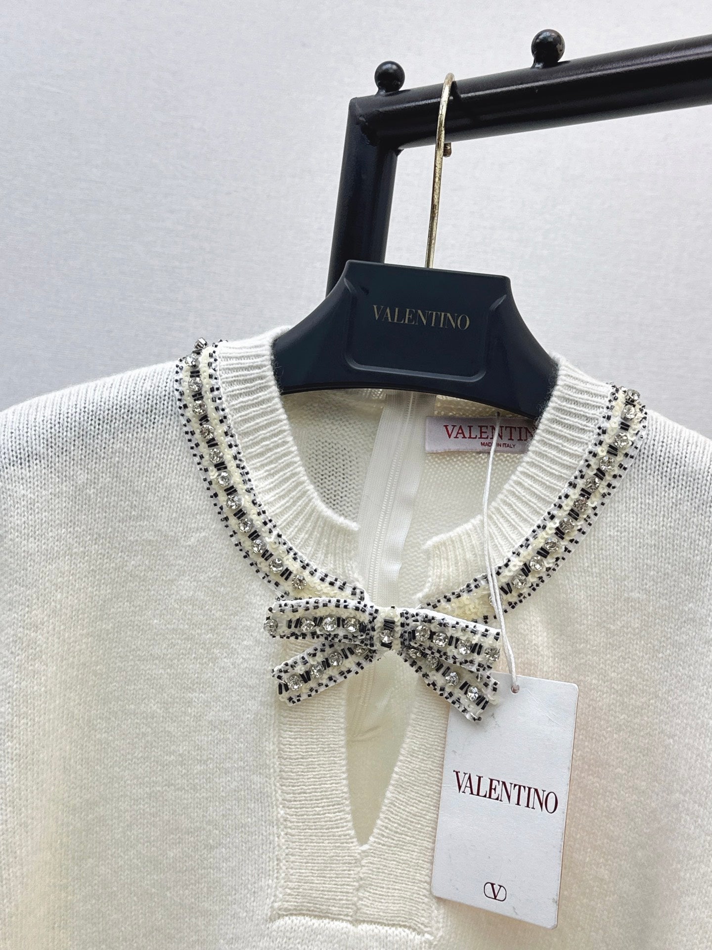 26SS NEW first bow rhinestone decorated cashmere sweater