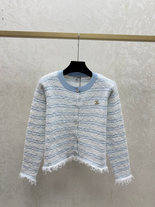 26SS NEW Contrast color striped jacquard round neck knitted long-sleeved cardigan