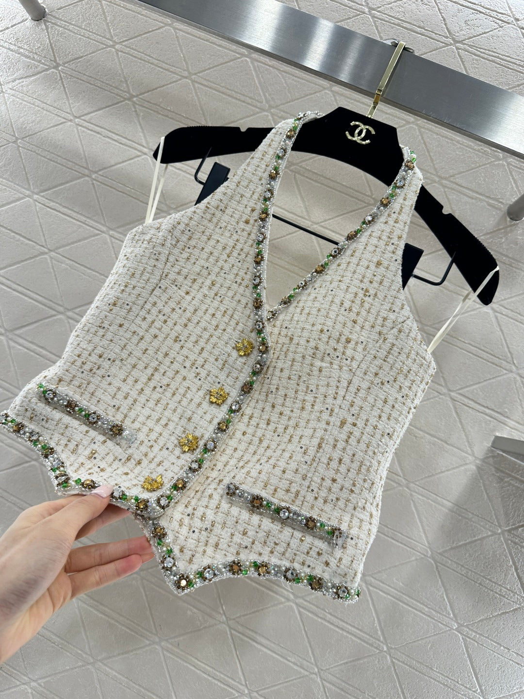 26SS NEW Sequin-Trim Halter Vest