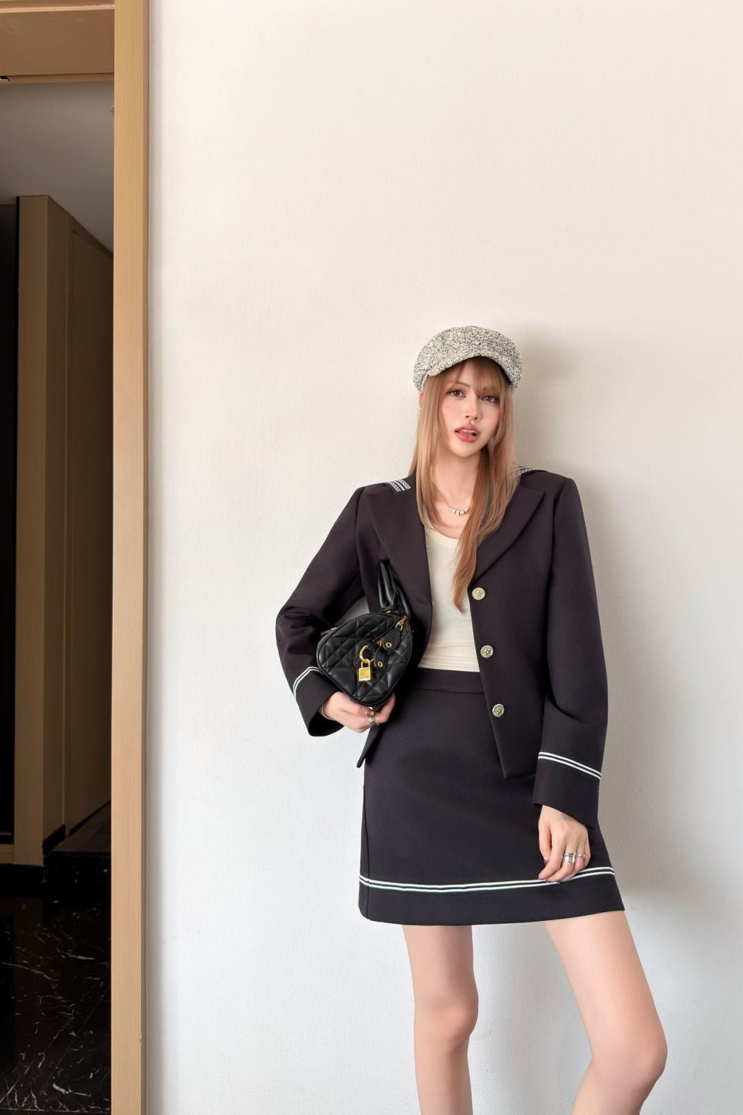26SS NEW navy-inspired jacket+a-line skirts set