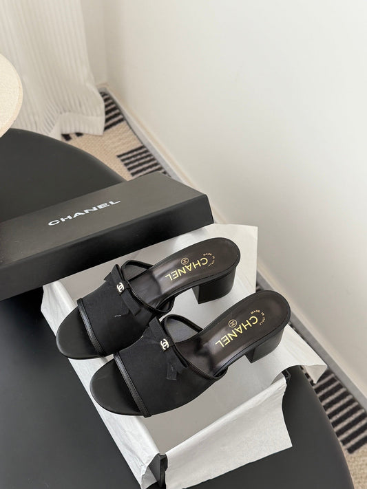 26SS NEW bow mesh chunky heels slides