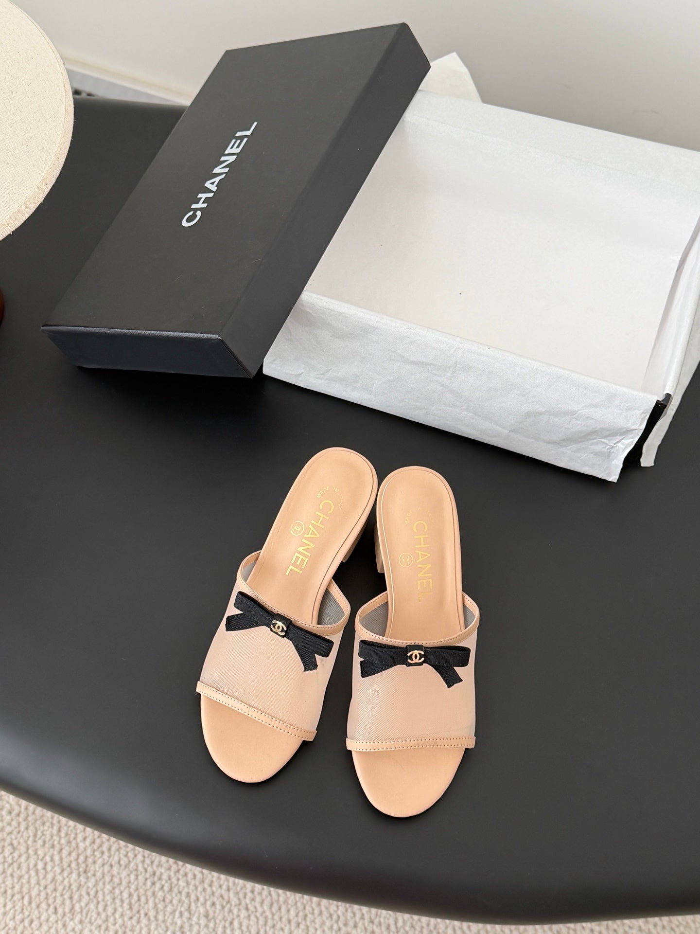 26SS NEUE Schleifen-Mesh-Chunky-Heels-Pantoletten