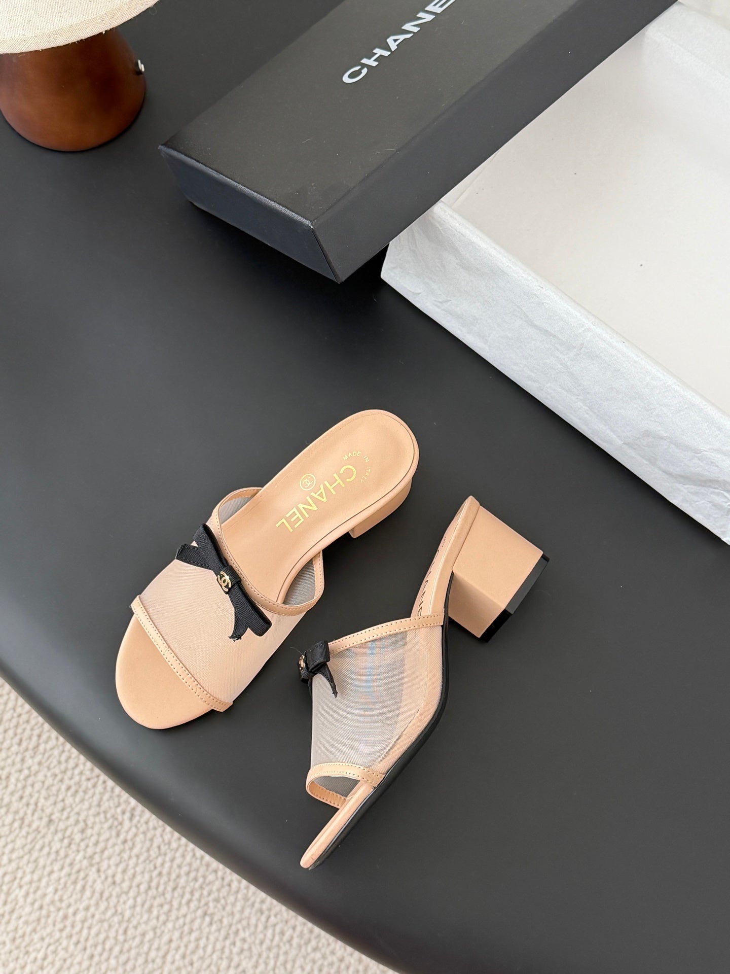 26SS NEUE Schleifen-Mesh-Chunky-Heels-Pantoletten
