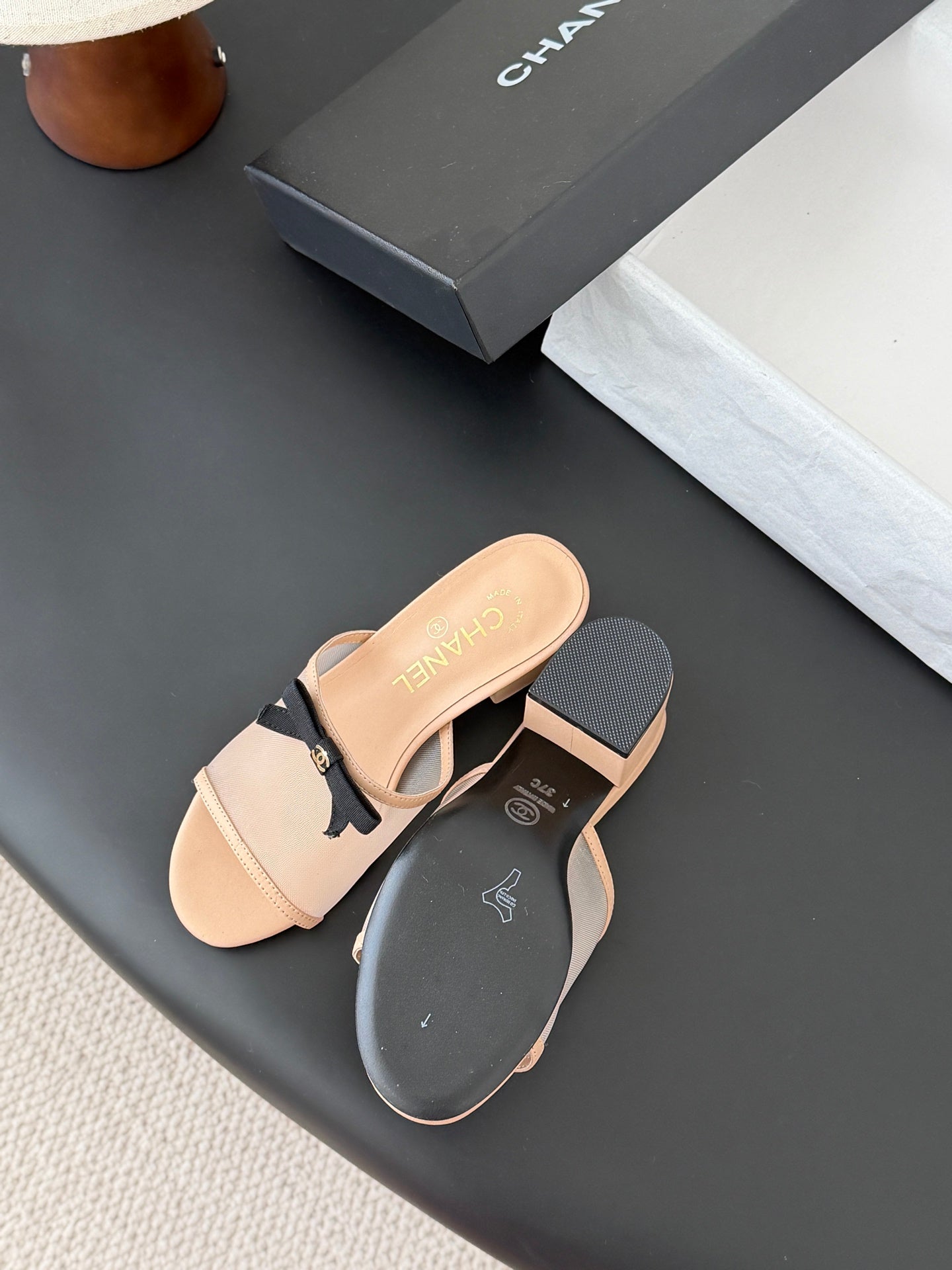 26SS NEUE Schleifen-Mesh-Chunky-Heels-Pantoletten