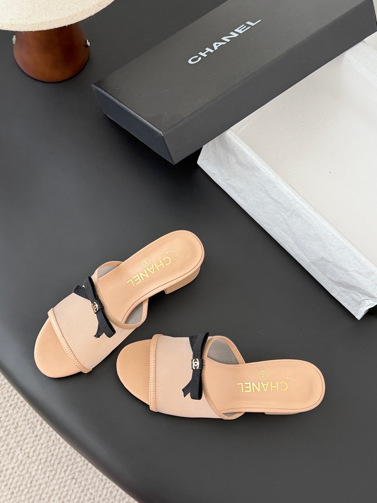 26SS NEUE Schleifen-Mesh-Chunky-Heels-Pantoletten