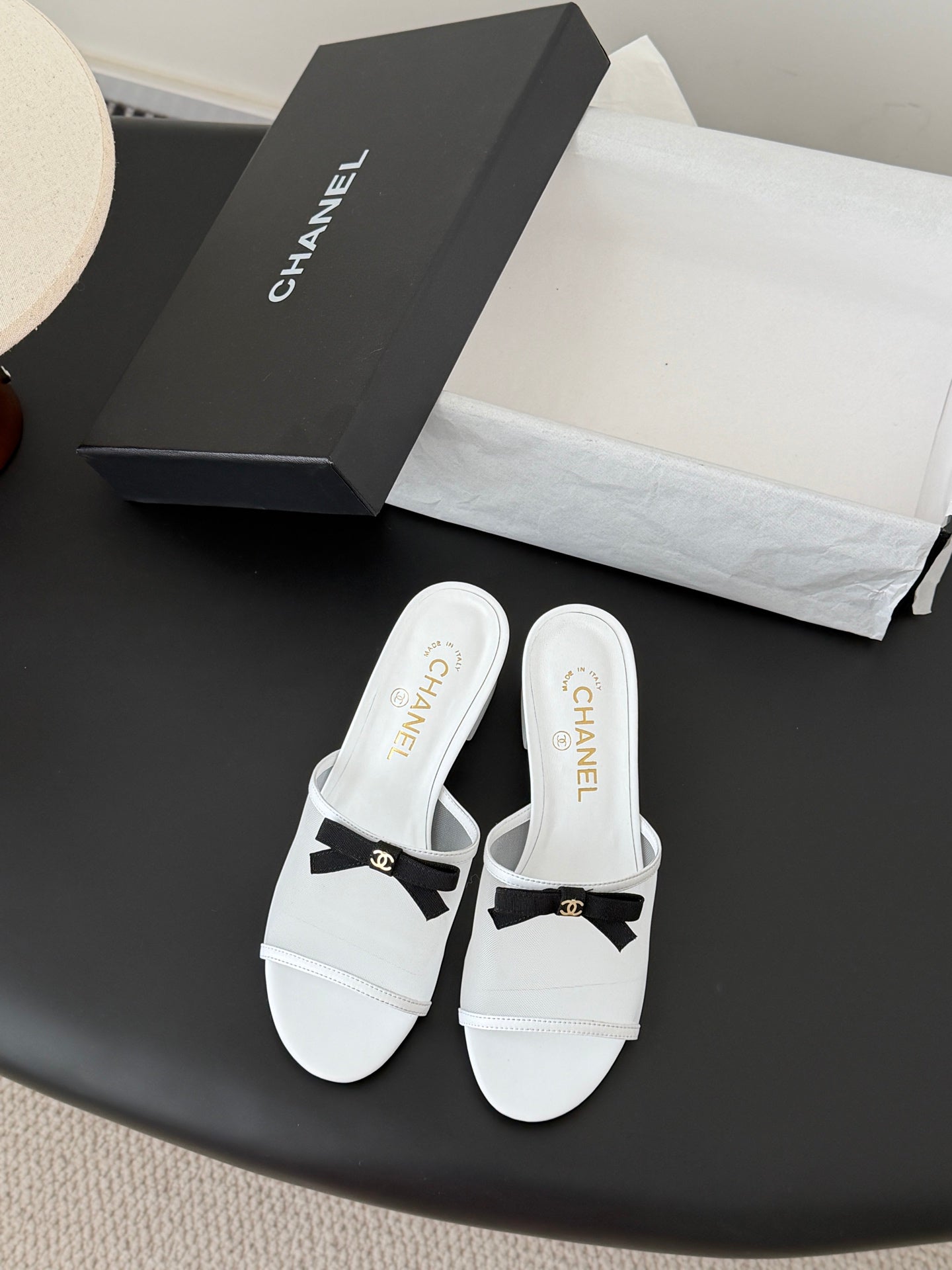 26SS NEUE Schleifen-Mesh-Chunky-Heels-Pantoletten