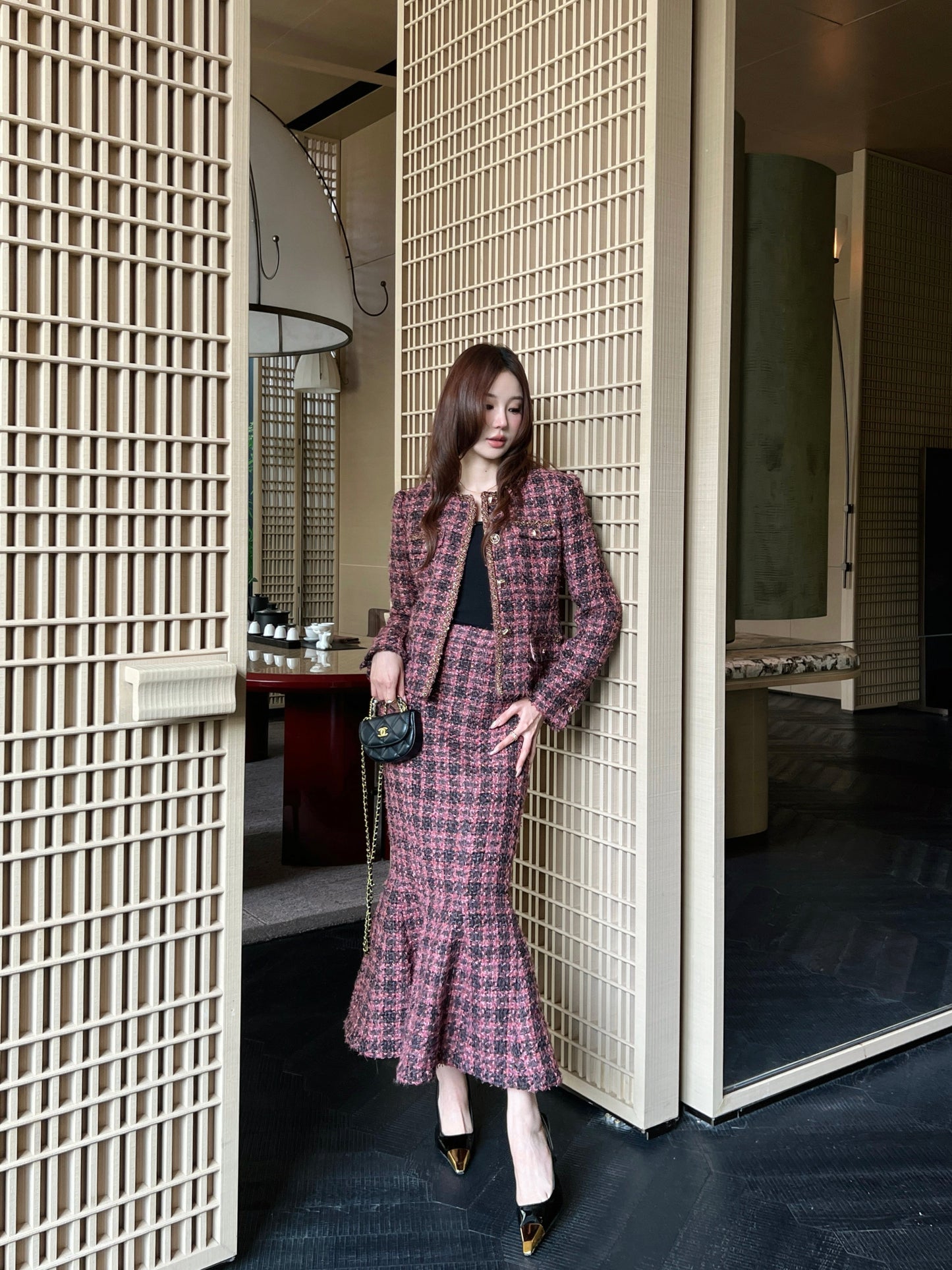 26SS NEW woven tweed jacket+mermaid skirt set