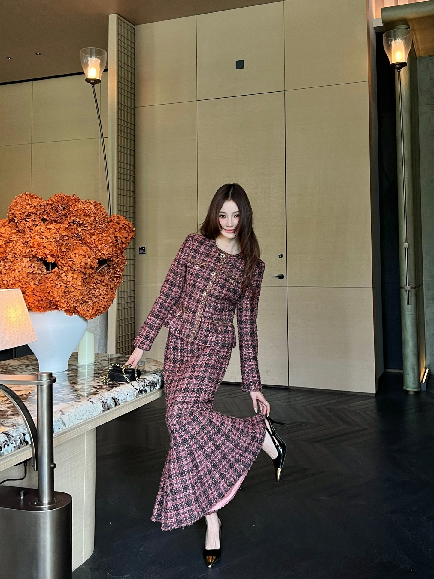 26SS NEW woven tweed jacket+mermaid skirt set