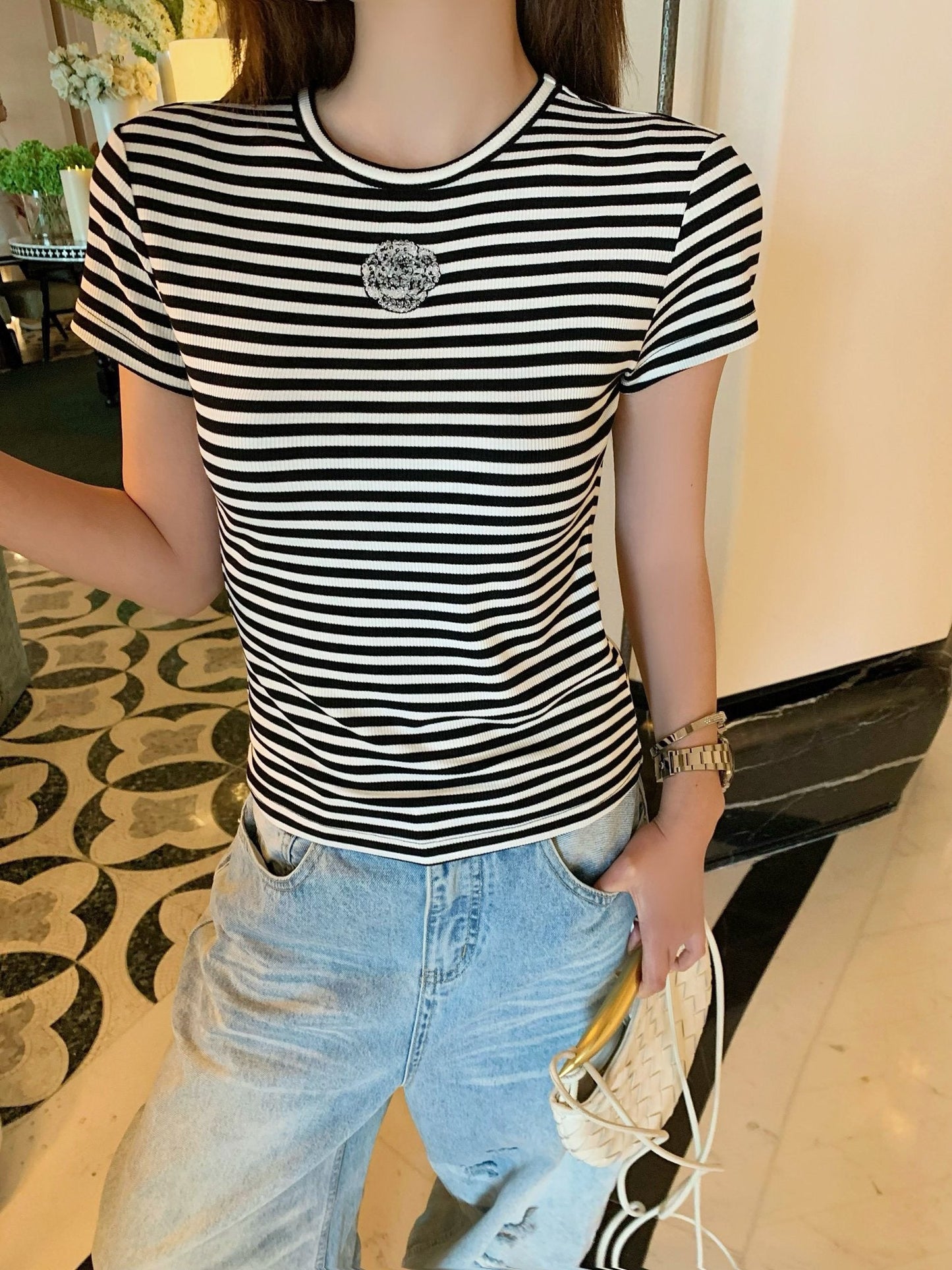 26SS NEW stripe beading t-shirts