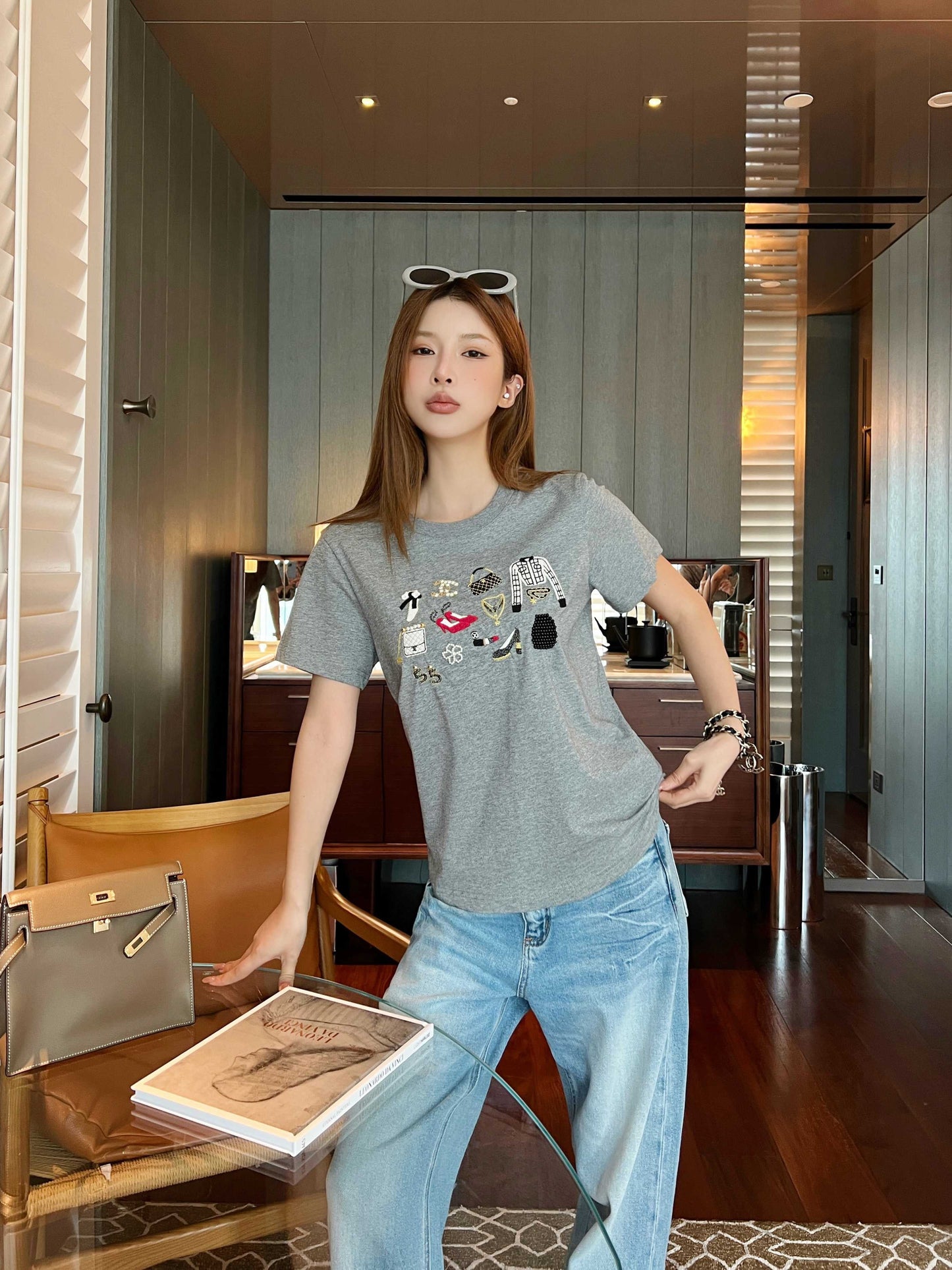 26SS NEW vintage embroidery beading t-shirts
