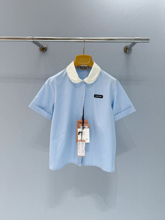 26SS NEW Double-layer lace collar color-blocked short-sleeved shirt