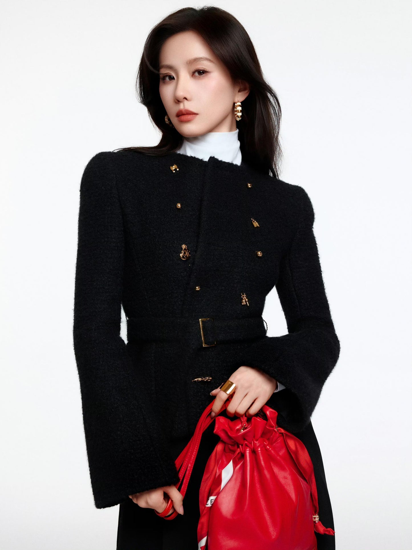26SS NEW Double-breasted black jacket with special-shaped buttons