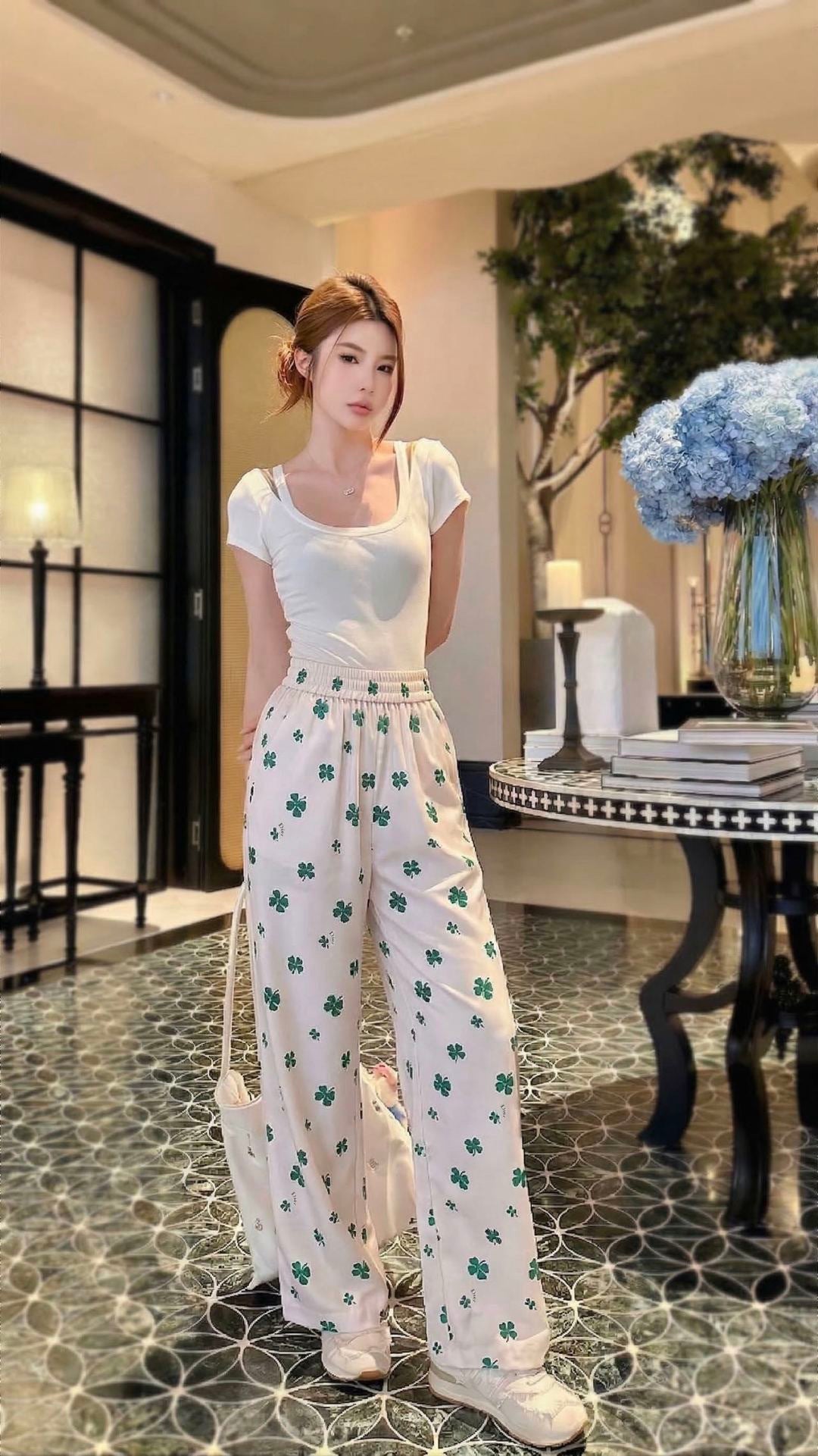 26SS NEW Lucky four-leaf clover printed straight pants