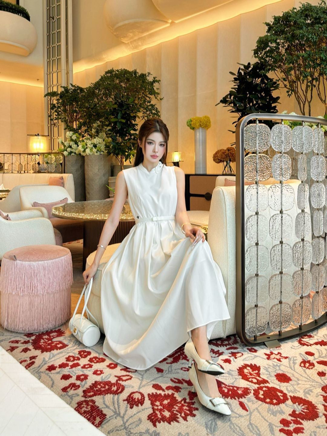 26SS NEW Bow-embellished long sleeveless dress